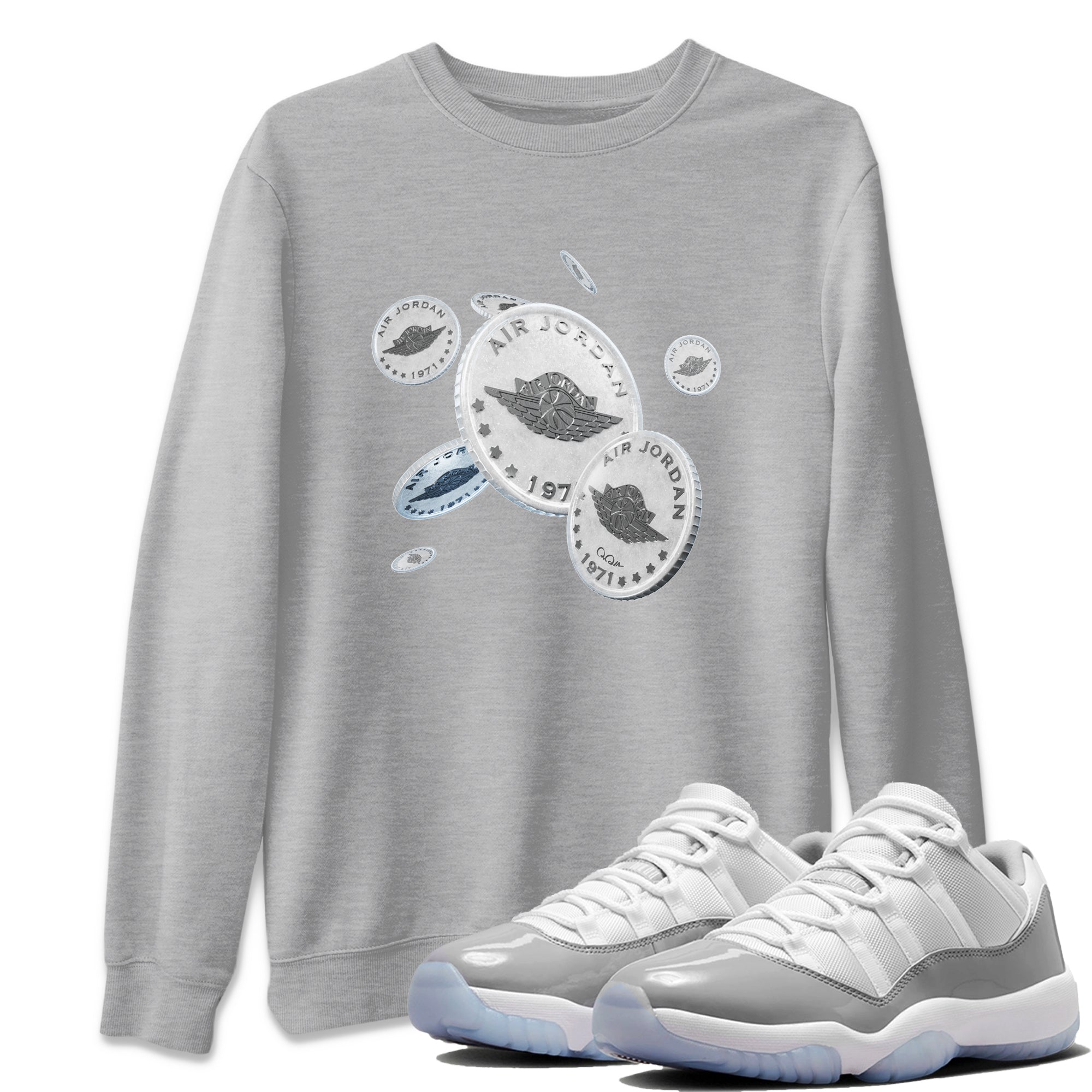 Air Jordan 11 White Cement Sneaker Match Tees Drop Coin Streetwear Sneaker Shirt Air Jordan 11 Cement Grey Sneaker Release Tees Unisex Shirts Heather Grey 1