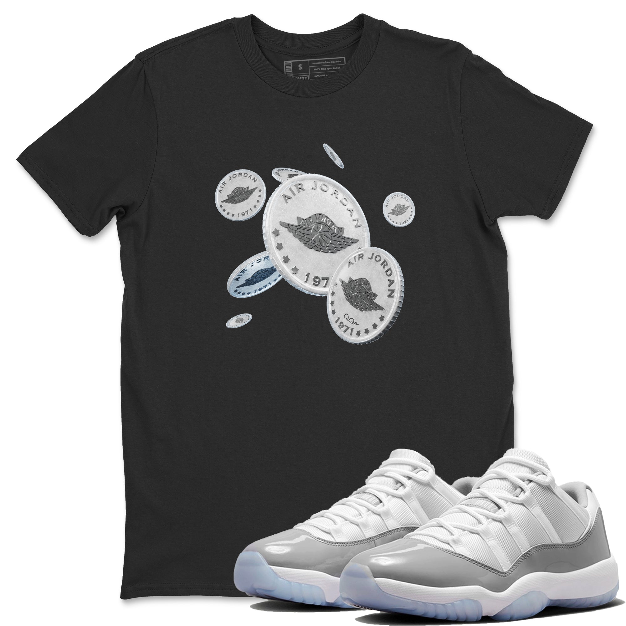 Air Jordan 11 White Cement Sneaker Match Tees Drop Coin Streetwear Sneaker Shirt Air Jordan 11 Cement Grey Sneaker Release Tees Unisex Shirts Black 1