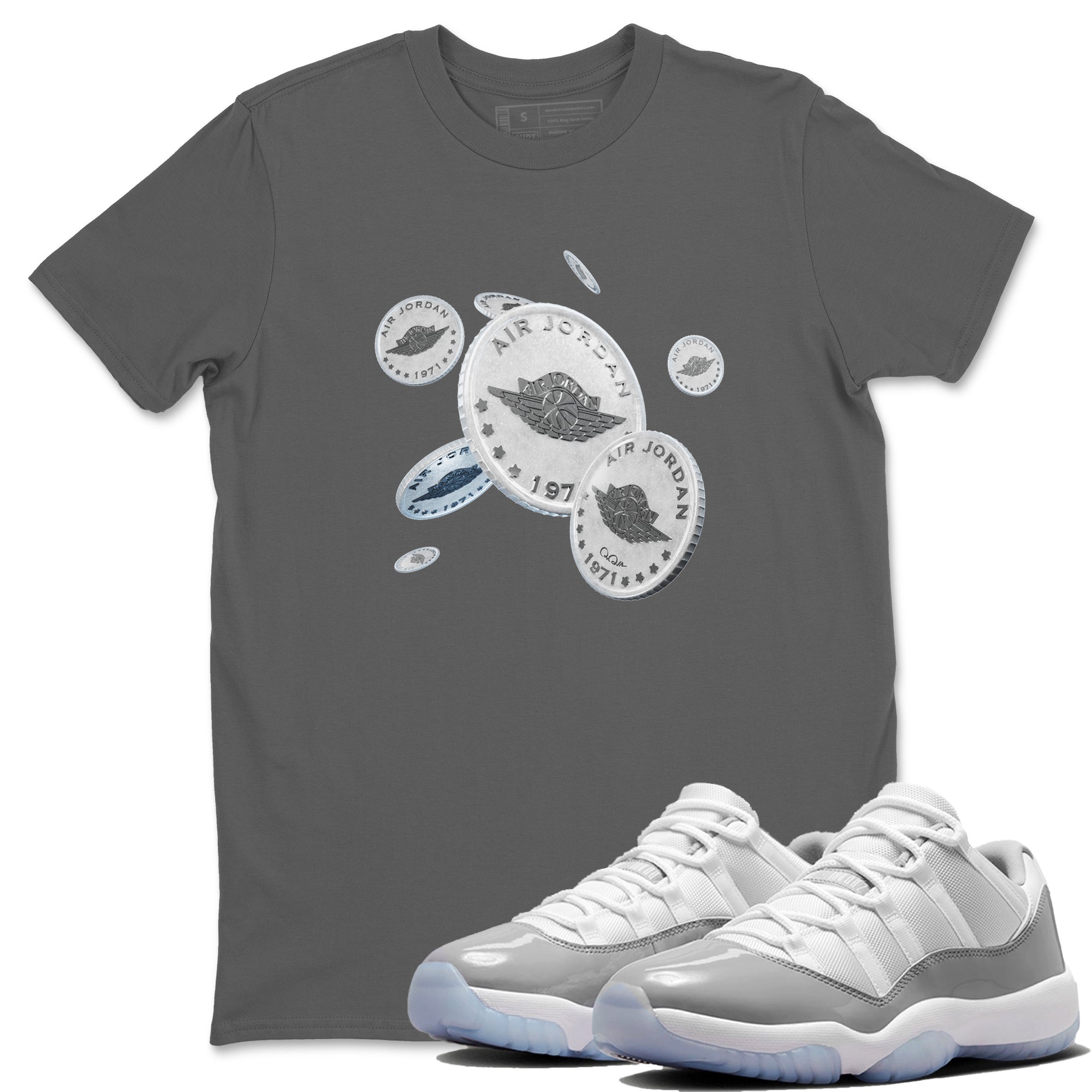 Air Jordan 11 White Cement Drop Coin Crew Neck Streetwear Sneaker Shirt Air Jordan 11 Cement Grey Sneaker T-Shirts Washing and Care Tip