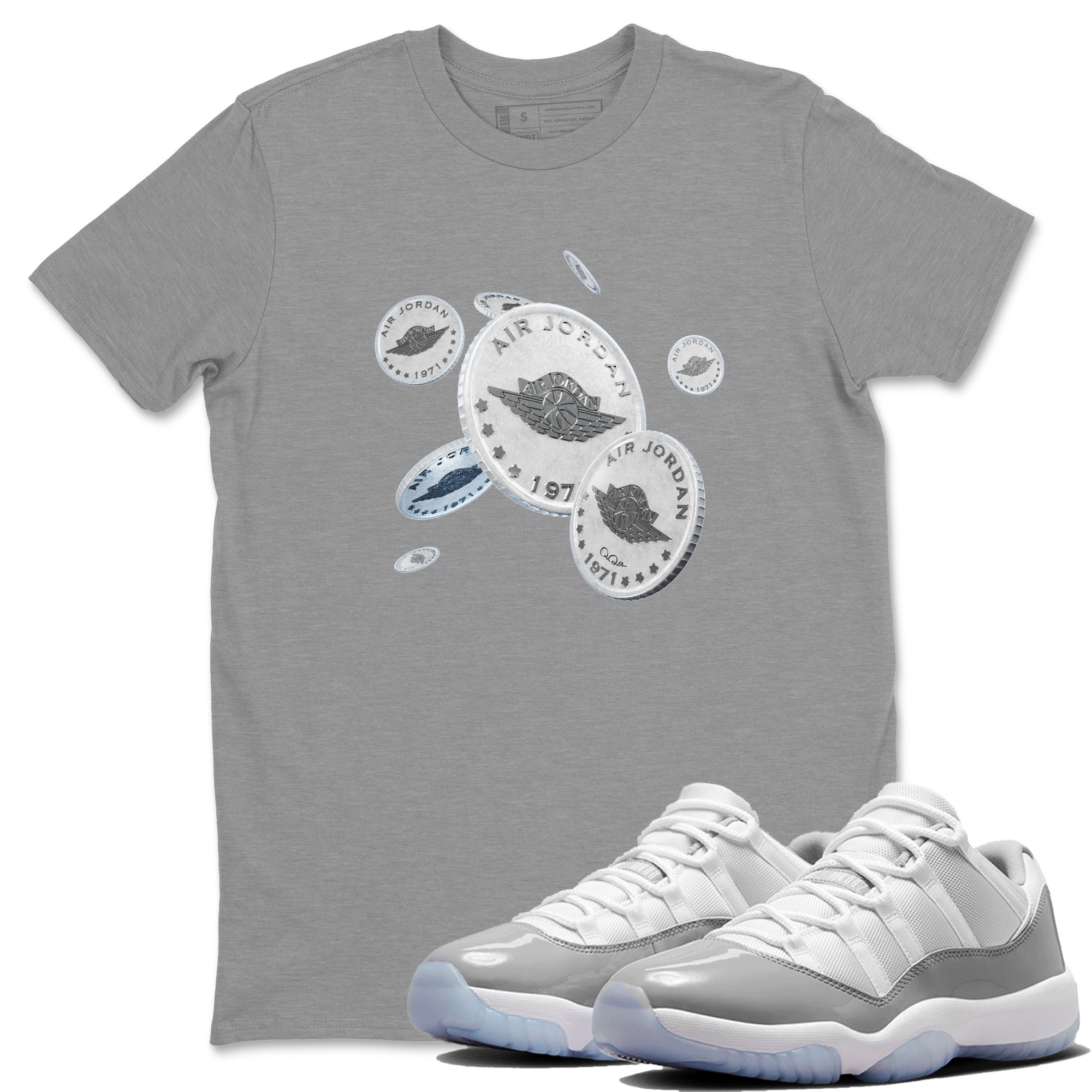 Air Jordan 11 White Cement Drop Coin Crew Neck Streetwear Sneaker Shirt Air Jordan 11 Cement Grey Sneaker T-Shirts Size Chart