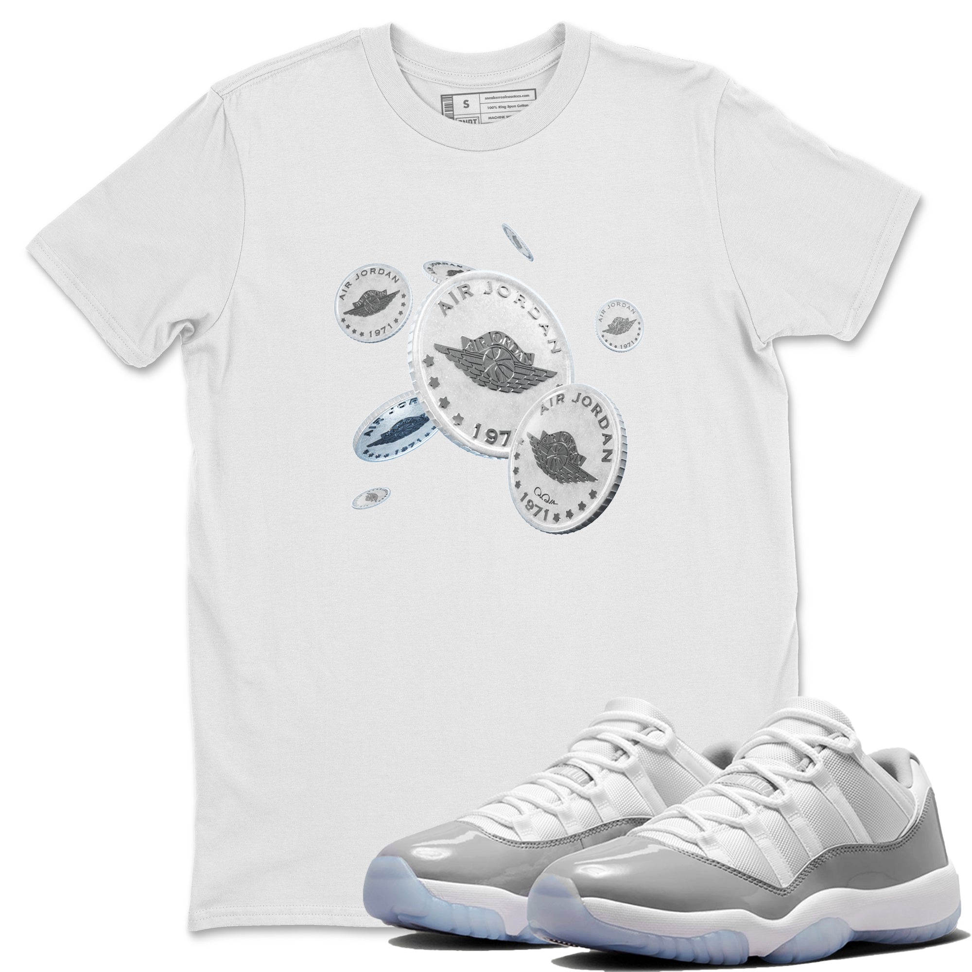 Air Jordan 11 White Cement Sneaker Match Tees Drop Coin Streetwear Sneaker Shirt Air Jordan 11 Cement Grey Sneaker Release Tees Unisex Shirts White 1