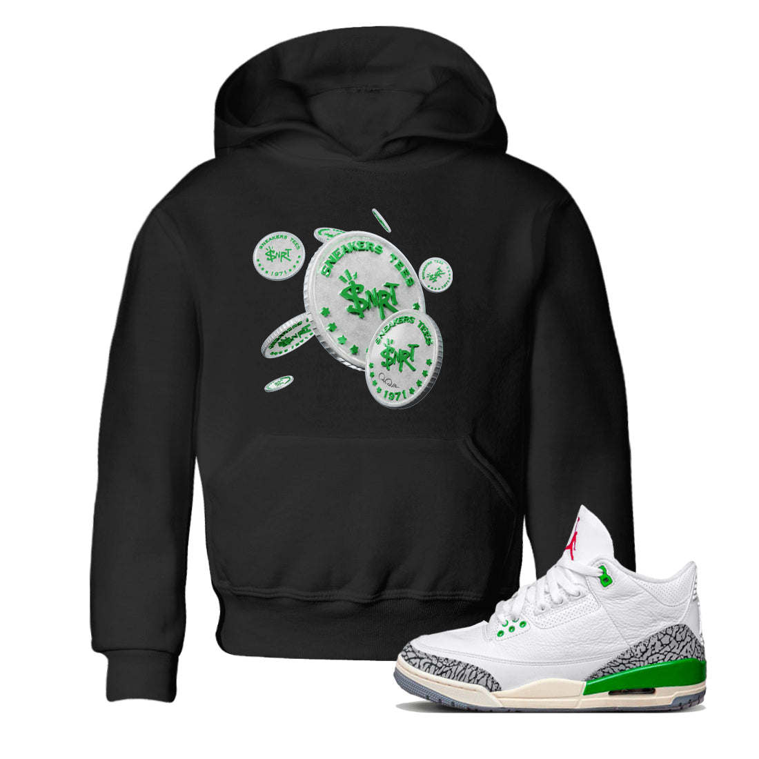 Air Jordan 3 Lucky Green Sneaker Match Tees Drop Coin Streetwear Sneaker Shirt AJ3 Lucky Green Sneaker Release Tees Kids Shirts Black 1