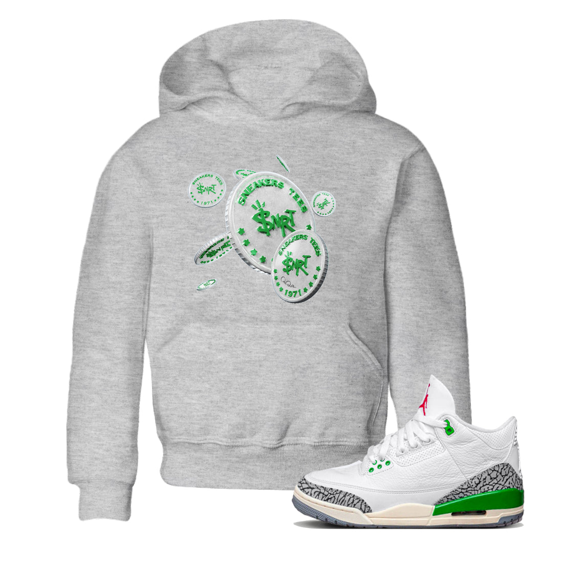 Air Jordan 3 Lucky Green Sneaker Match Tees Drop Coin Streetwear Sneaker Shirt AJ3 Lucky Green Sneaker Release Tees Kids Shirts Heather Grey 1