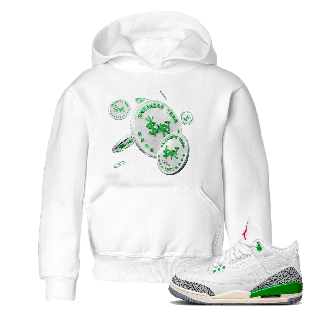 Air Jordan 3 Lucky Green Sneaker Match Tees Drop Coin Streetwear Sneaker Shirt AJ3 Lucky Green Sneaker Release Tees Kids Shirts White 1