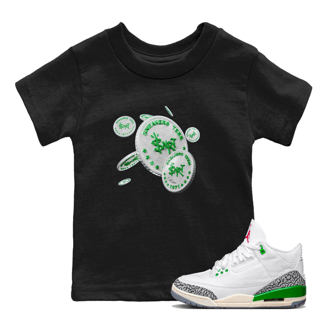 Air Jordan 3 Lucky Green Sneaker Match Tees Drop Coin Streetwear Sneaker Shirt AJ3 Lucky Green Sneaker Release Tees Kids Shirts Black 1