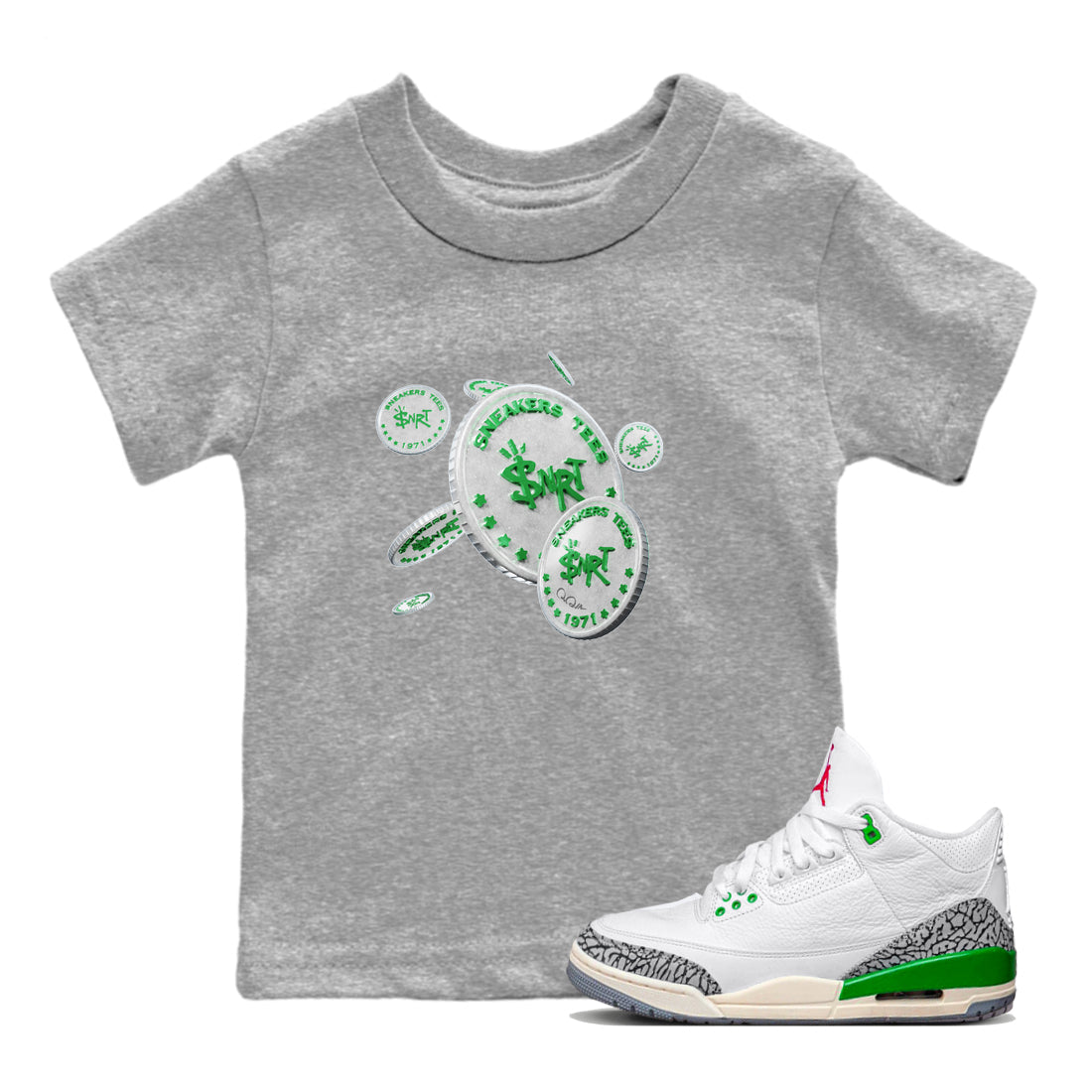 Air Jordan 3 Lucky Green Sneaker Match Tees Drop Coin Streetwear Sneaker Shirt AJ3 Lucky Green Sneaker Release Tees Kids Shirts Heather Grey 1