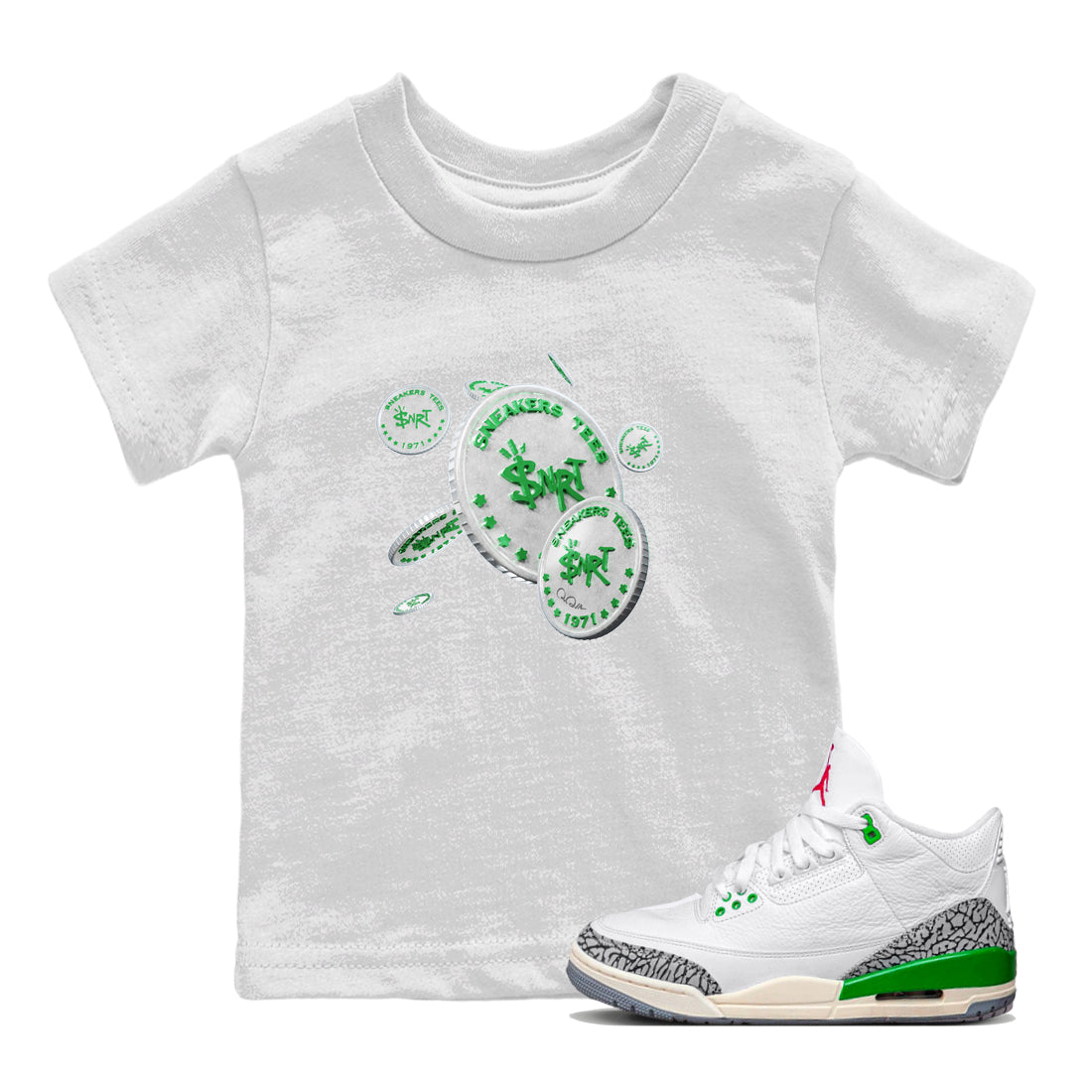 Air Jordan 3 Lucky Green Sneaker Match Tees Drop Coin Streetwear Sneaker Shirt AJ3 Lucky Green Sneaker Release Tees Kids Shirts White 1