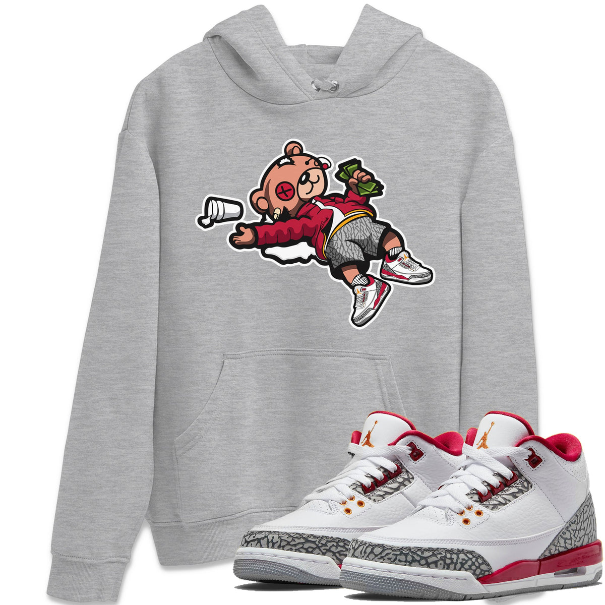 Jordan 3 Cardinal Sneaker Matching T-Shirt Drunk Teddy Bear Sneaker Tees Jordan 3 Cardinal Sneaker Release Tees Crew Neck Tees