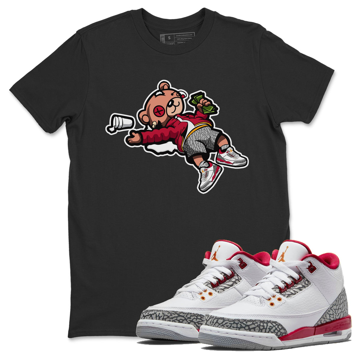 Jordan 3 Cardinal Sneaker Matching T-Shirt Drunk Teddy Bear Sneaker Tees Jordan 3 Cardinal Sneaker Release Tees Crew Neck Tees