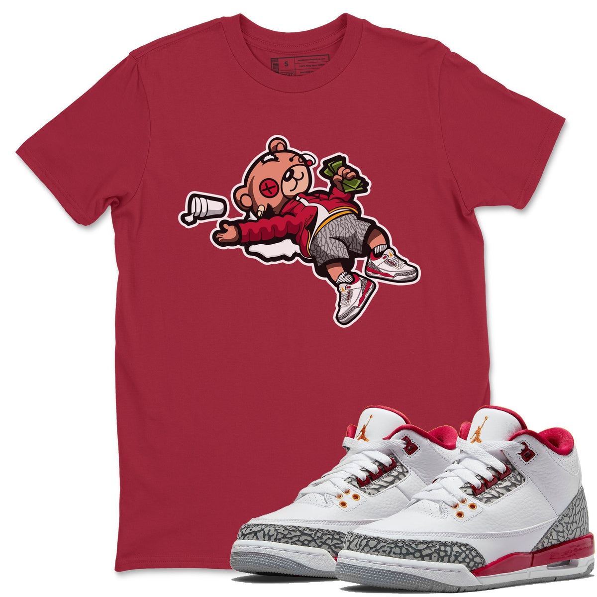 Jordan 3 Cardinal Sneaker Matching T-Shirt Drunk Teddy Bear Sneaker Tees Jordan 3 Cardinal Sneaker Release Tees Crew Neck Tees