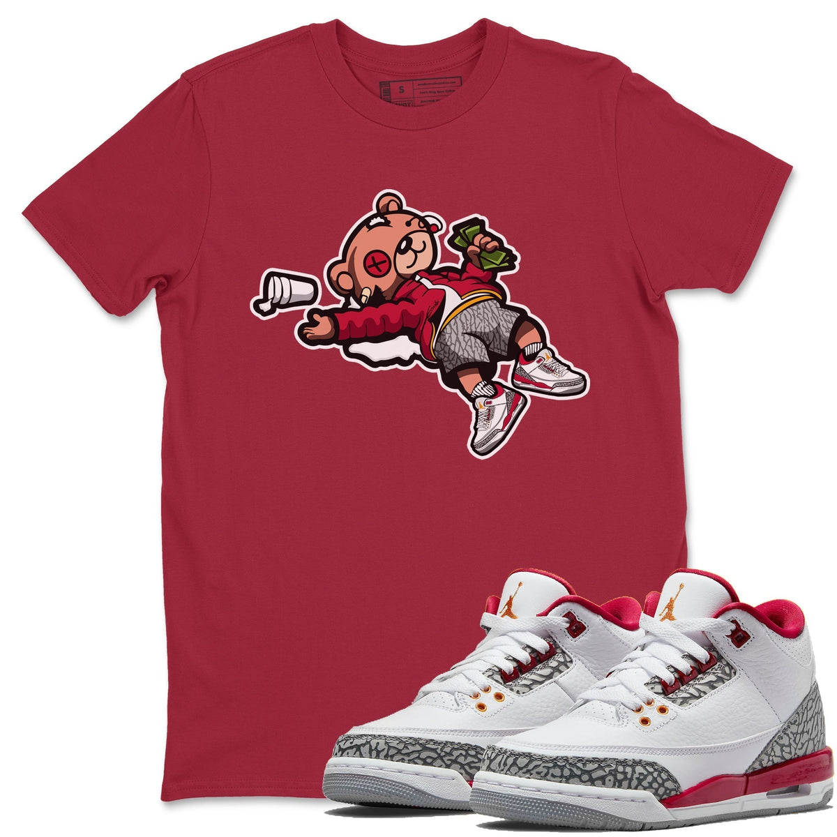 Jordan 3 Cardinal Sneaker Matching T-Shirt Drunk Teddy Bear Sneaker Tees Jordan 3 Cardinal Sneaker Release Tees Crew Neck Tees