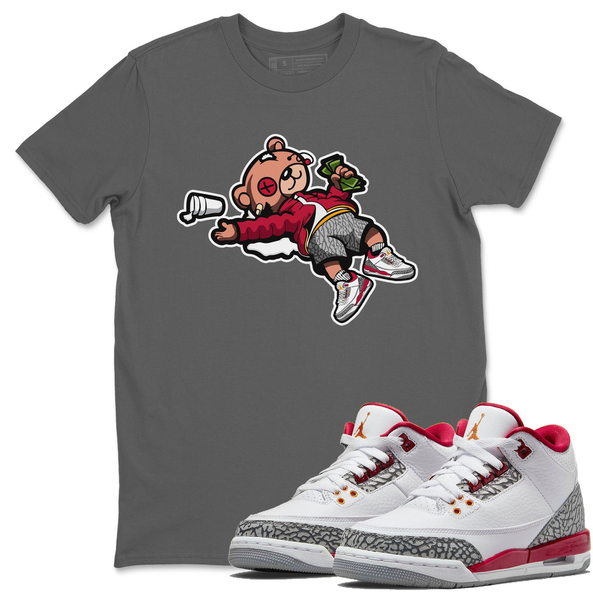 Jordan 3 Cardinal Sneaker Matching T-Shirt Drunk Teddy Bear Sneaker Tees Jordan 3 Cardinal Sneaker Release Tees Crew Neck Tees