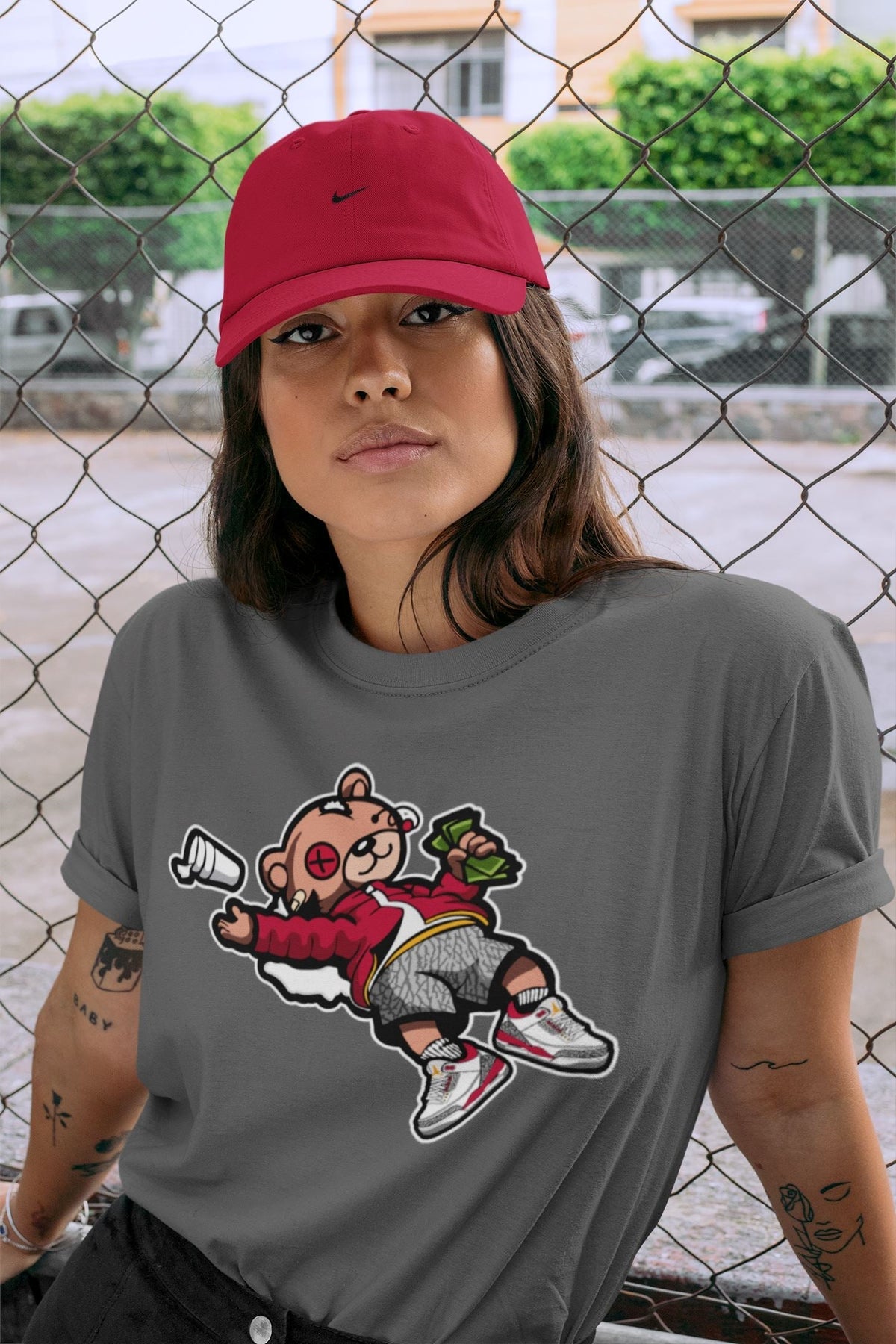 Jordan 3 Cardinal Sneaker Matching T-Shirt Drunk Teddy Bear Sneaker Tees Jordan 3 Cardinal Sneaker Release Tees Crew Neck Tees