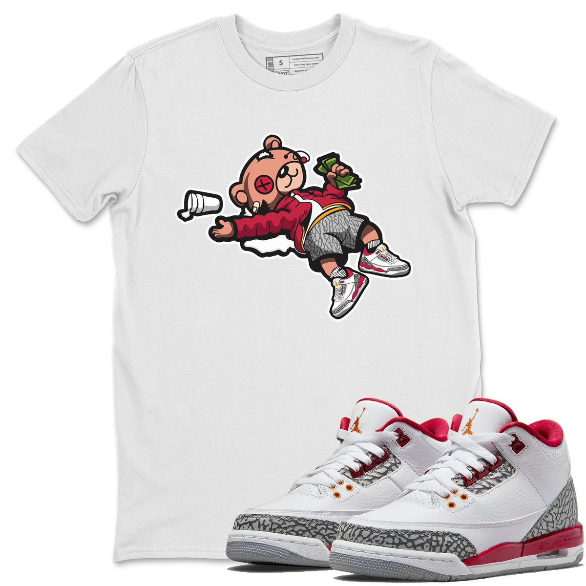 Jordan 3 Cardinal Sneaker Matching T-Shirt Drunk Teddy Bear Sneaker Tees Jordan 3 Cardinal Sneaker Release Tees Crew Neck Tees