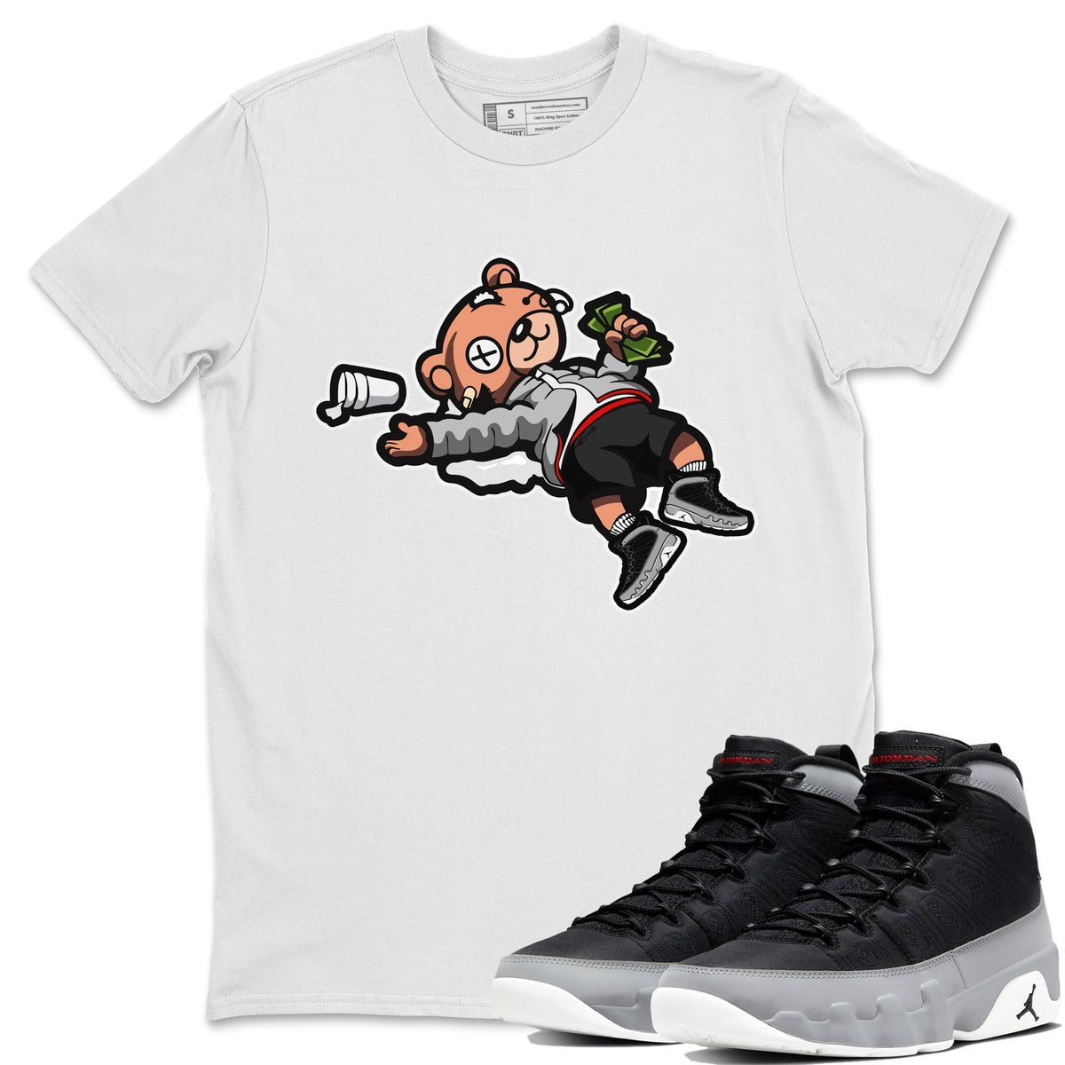Jordan 9 Particle Grey Shirt To Match Jordans Drunk Teddy Bear Sneaker Tees Jordan 9 Particle Grey Drip Gear Zone Sneaker Matching Clothing Unisex Shirts