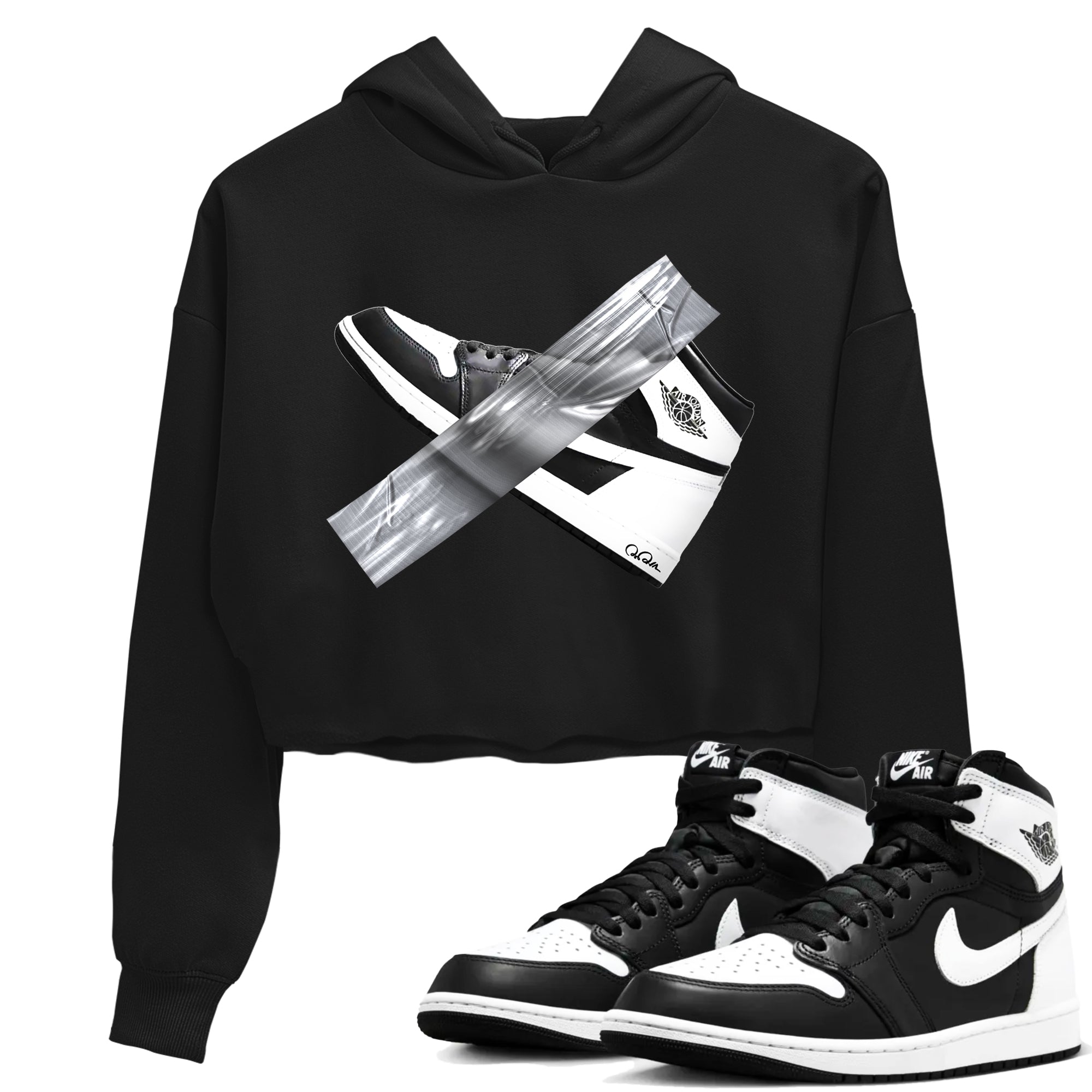 1s Black White shirt to match jordans Duct Tape sneaker tees Air Jordan 1 High OG Black White Drip Gear Zone Black 1 crop length shirt