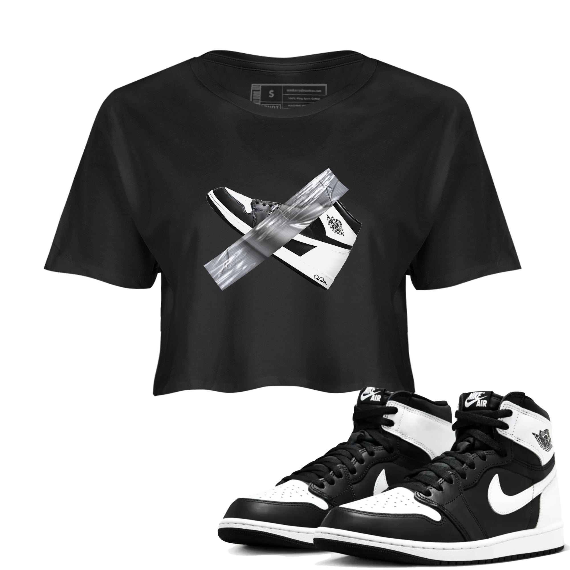 1s Black White shirt to match jordans Duct Tape sneaker tees Air Jordan 1 High OG Black White Drip Gear Zone Black 1 crop length shirt