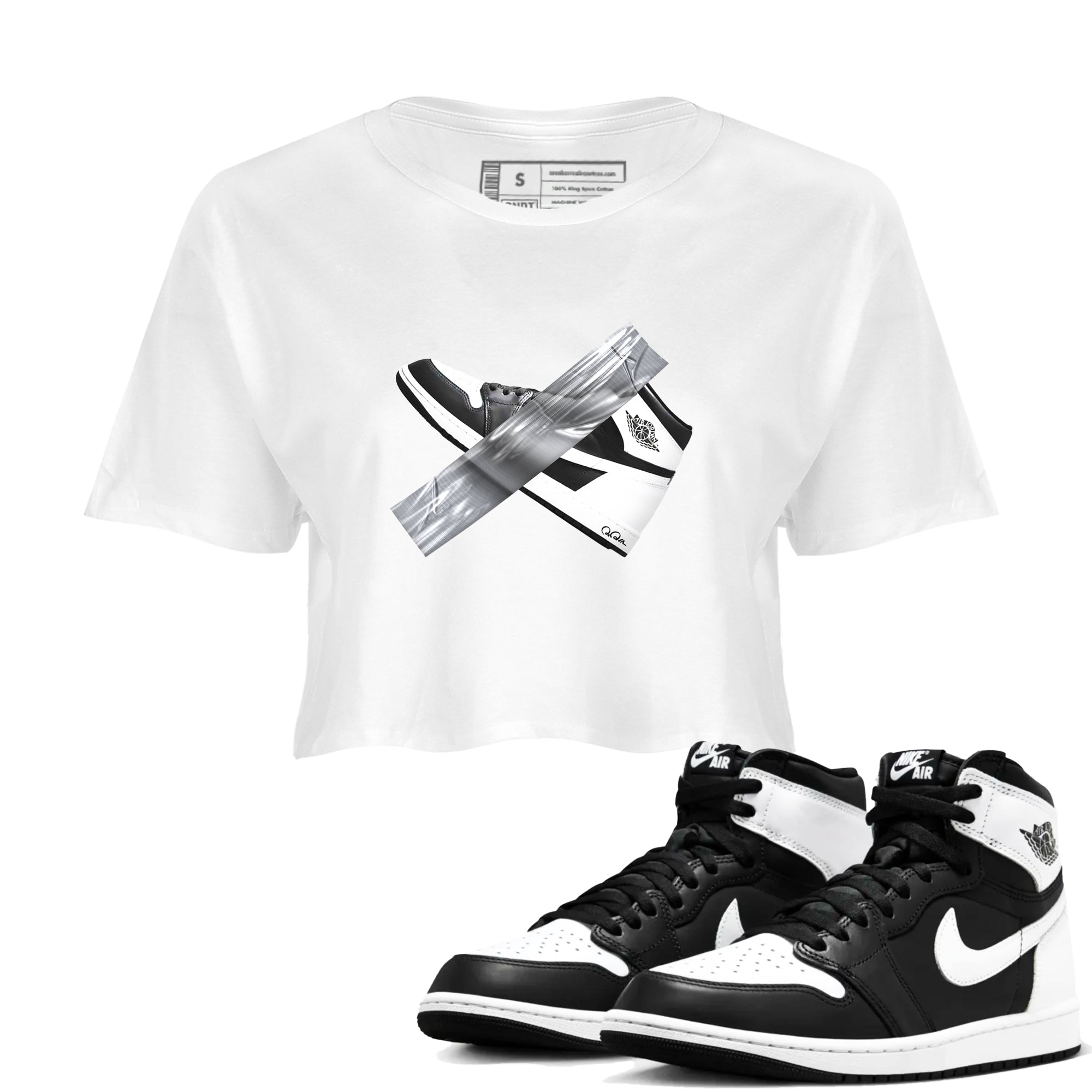 1s Black White shirt to match jordans Duct Tape sneaker tees Air Jordan 1 High OG Black White Drip Gear Zone White 1 crop length shirt