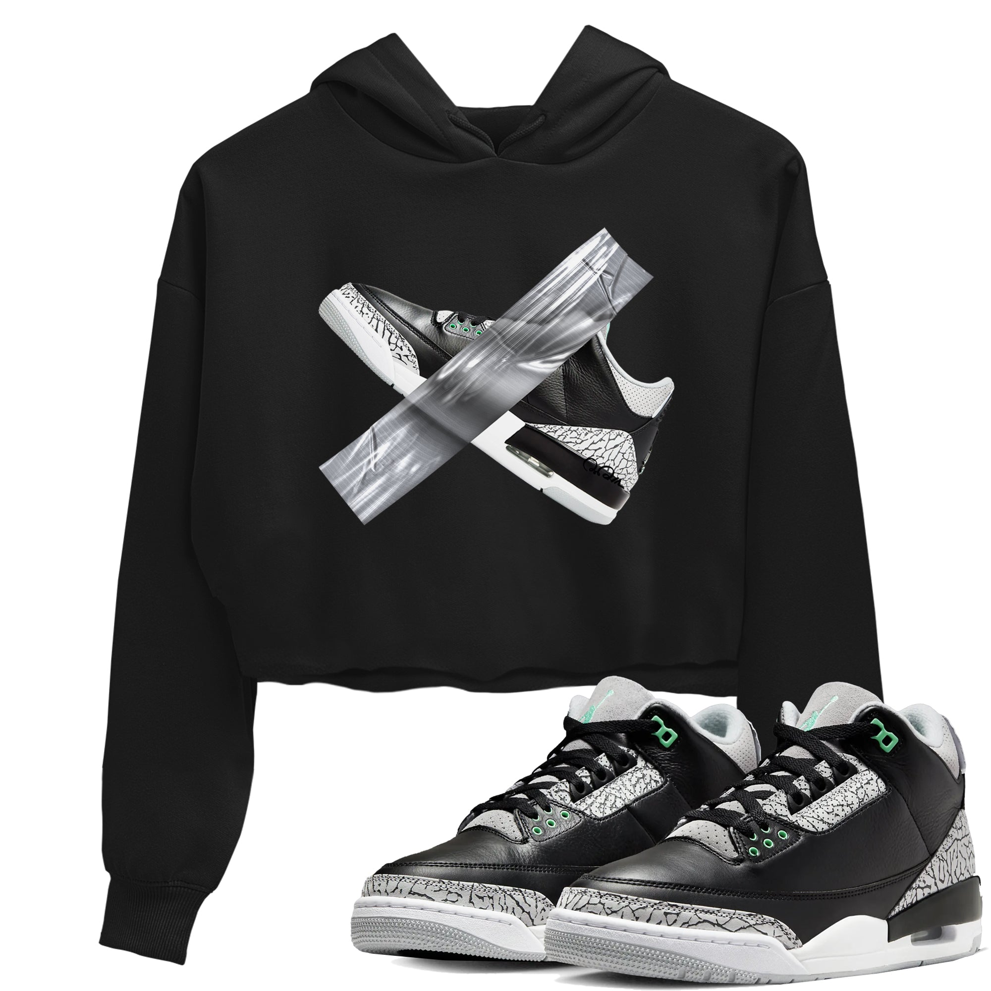 3s Green Glow shirt to match jordans Duct Tape sneaker tees Air Jordan 3 Green Glow Drip Gear Zone Black 1 crop length shirt