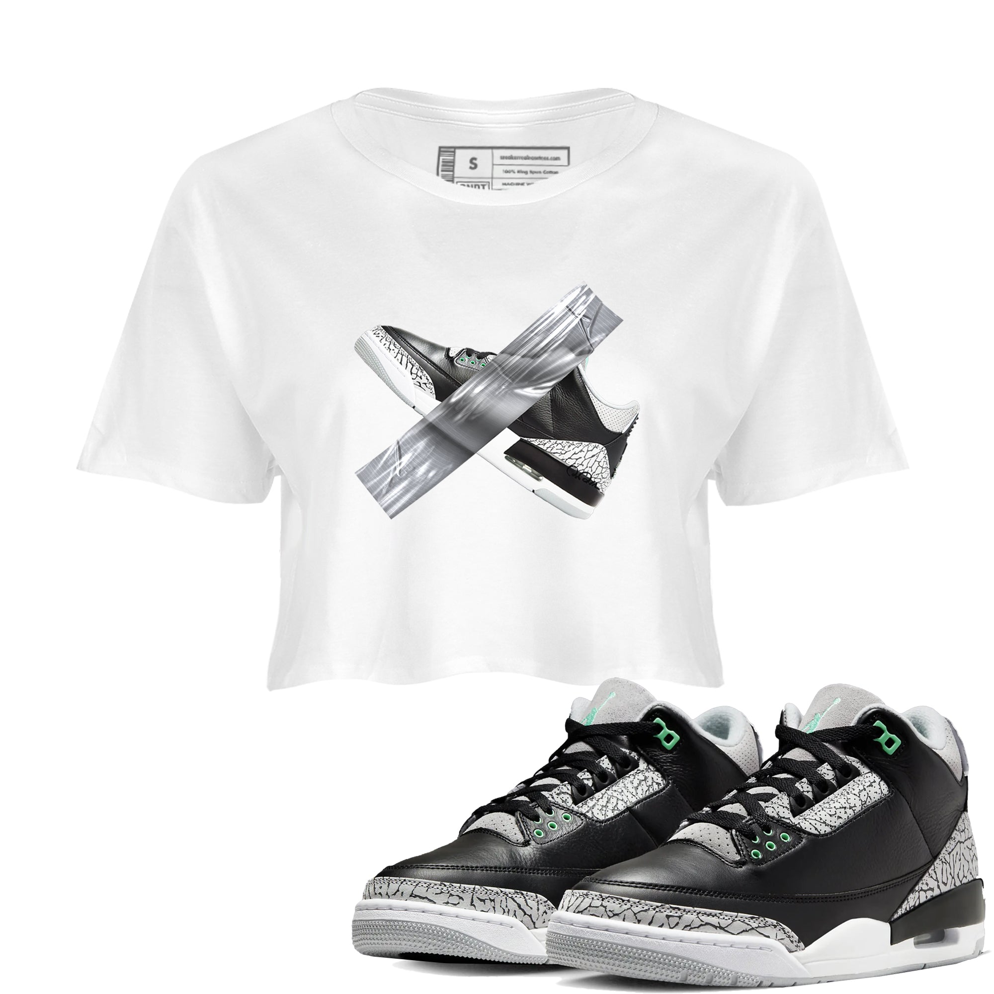 3s Green Glow shirt to match jordans Duct Tape sneaker tees Air Jordan 3 Green Glow Drip Gear Zone White 1 crop length shirt