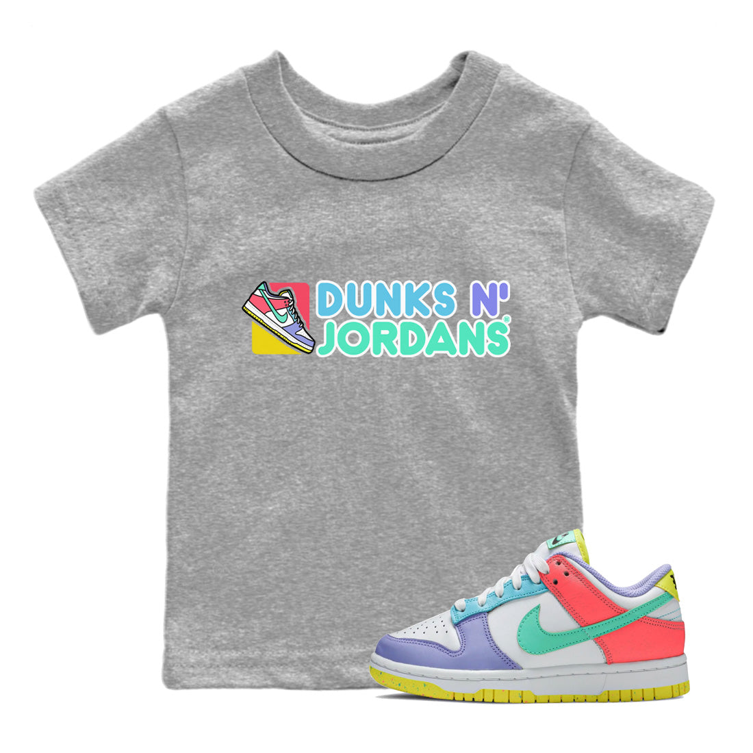 Dunk Easter Candy Dunks N Jordans Baby and Kids Streetwear Sneaker Shirt Holiday Easter T-Shirt Kids Streetwear Sneaker Shirt Size Chart