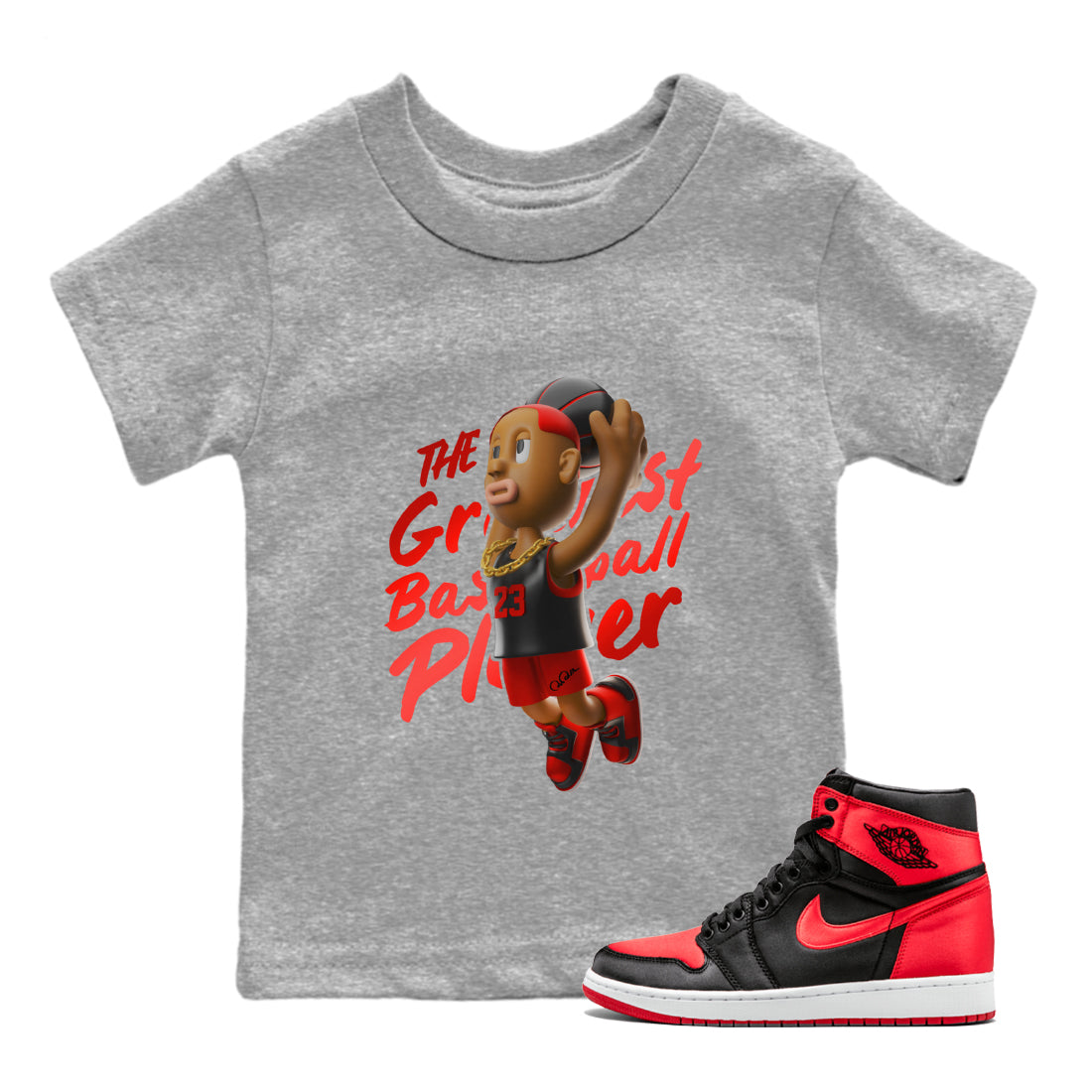 Air Jordan 1 Satin Bred Sneaker Match Tees Dunkshot Boy Streetwear Sneaker Shirt AJ1 Satin Bred Sneaker Release Tees Kids Shirts Heather Grey 1