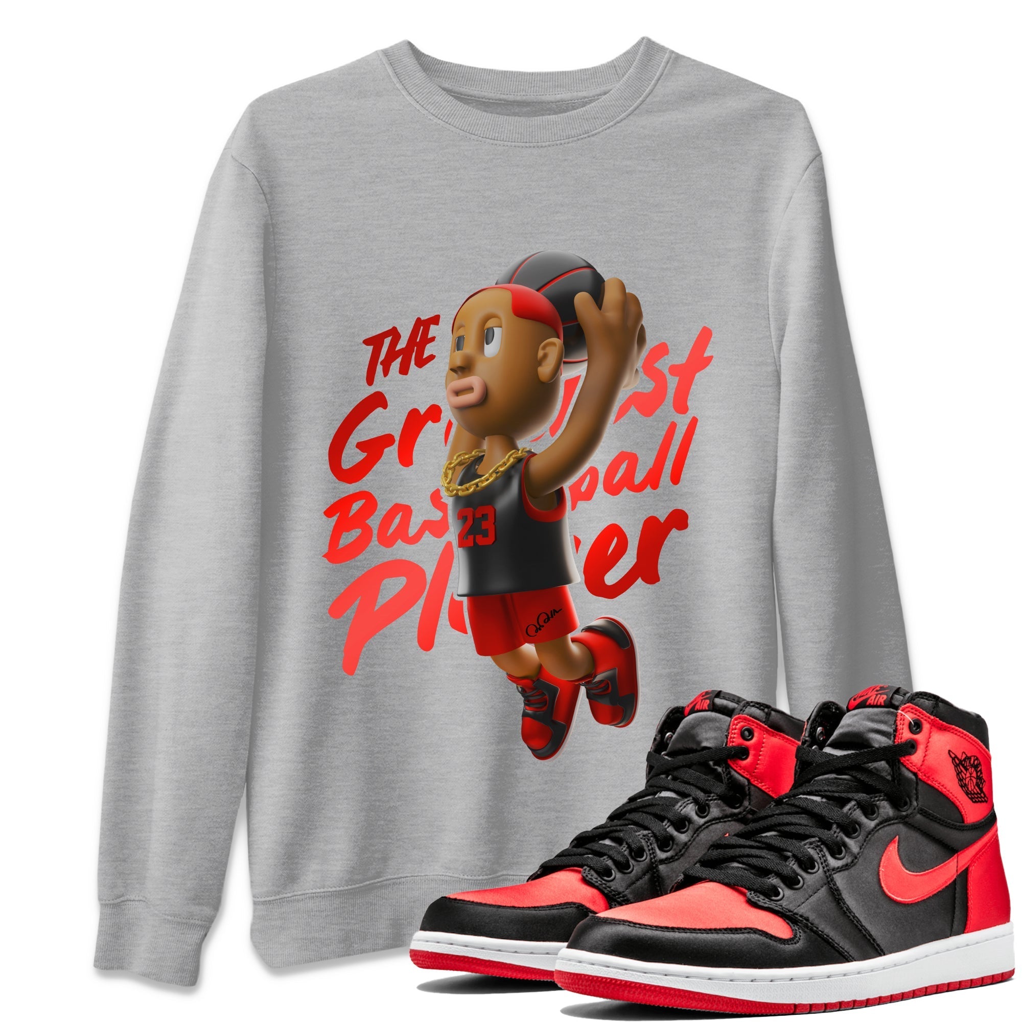 Air Jordan 1 Satin Bred Sneaker Match Tees Dunkshot Boy Streetwear Sneaker Shirt AJ1 Satin Bred Sneaker Release Tees Unisex Shirts Heather Grey 1