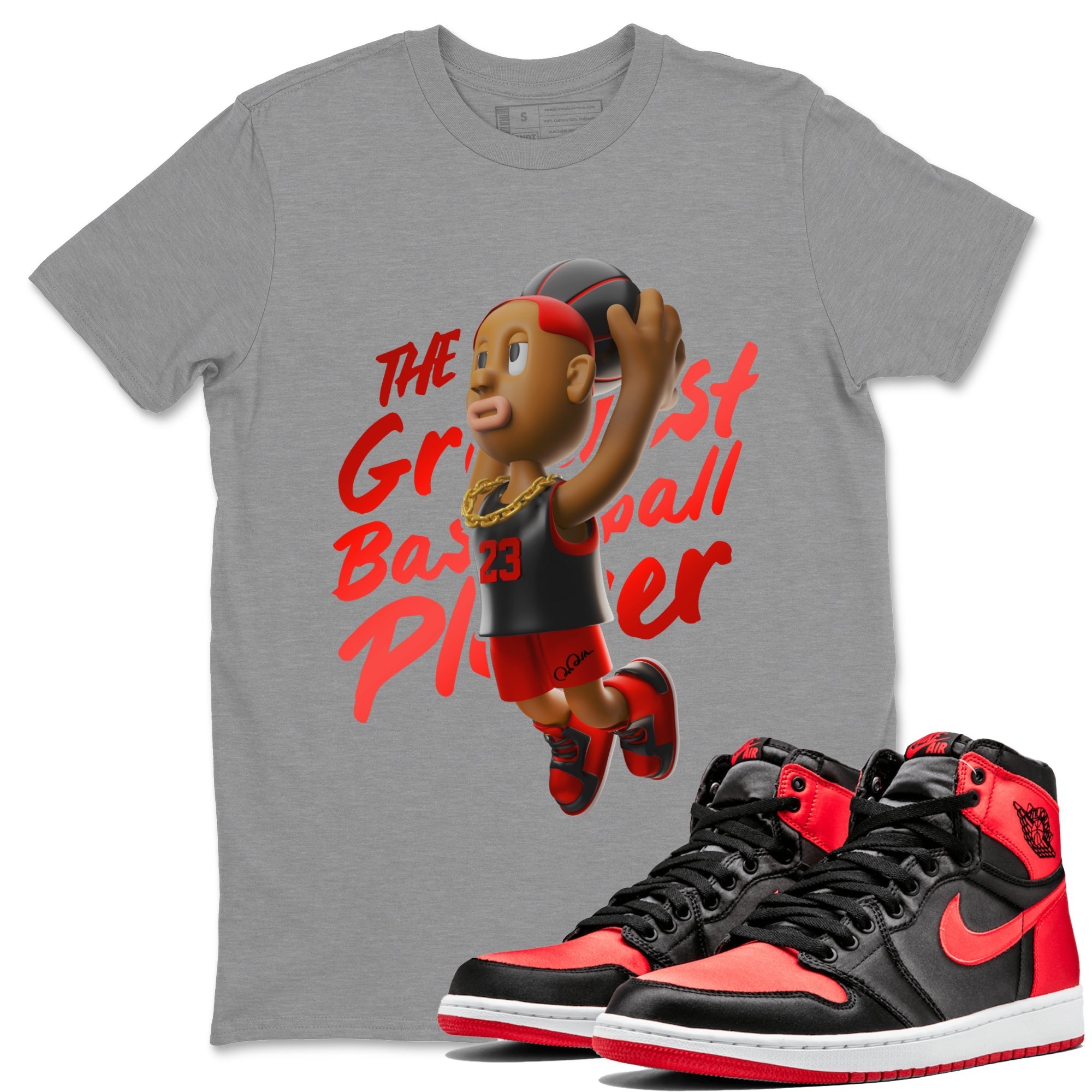 Air Jordan 1 Satin Bred Sneaker Match Tees Dunkshot Boy Streetwear Sneaker Shirt AJ1 Satin Bred Sneaker Release Tees Unisex Shirts Heather Grey 1