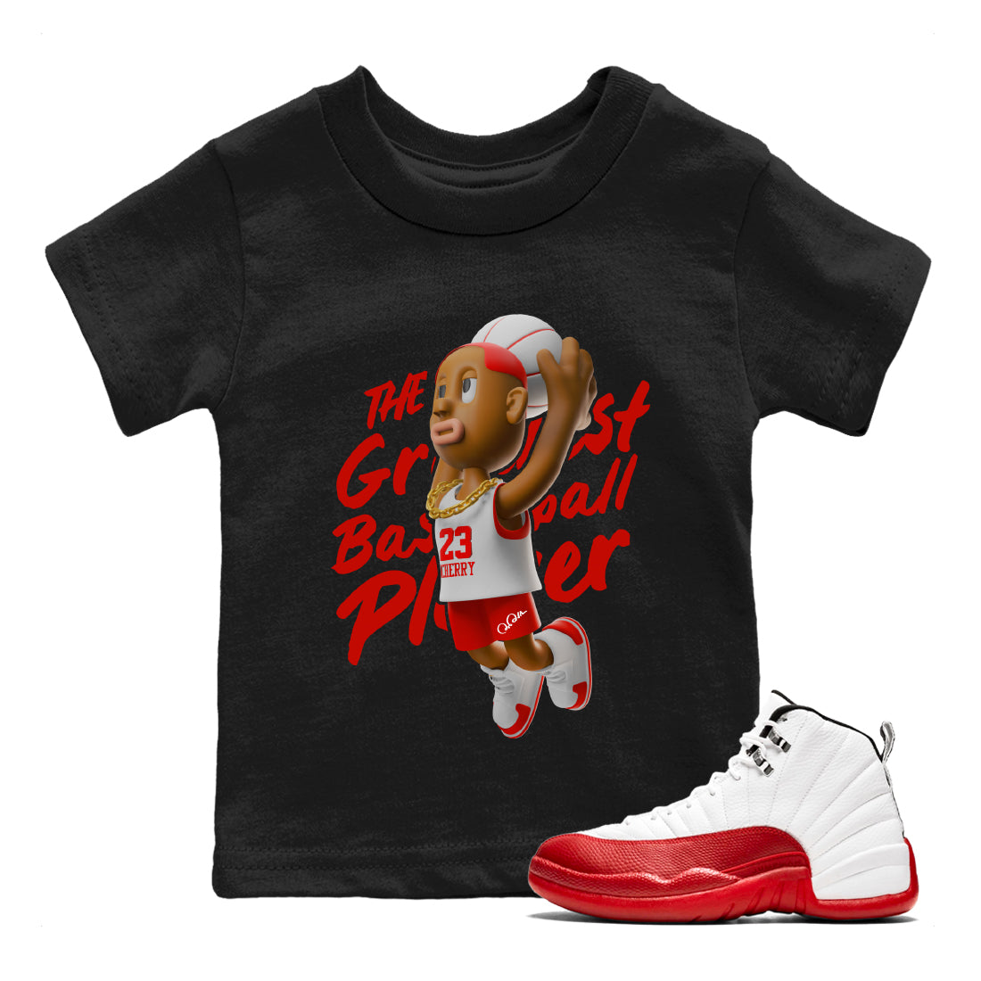 Air Jordan 12 Cherry Sneaker Match Tees Dunkshot Boy Streetwear Sneaker Shirt AJ12 Cherry Sneaker Release Tees Kids Shirts Black 1