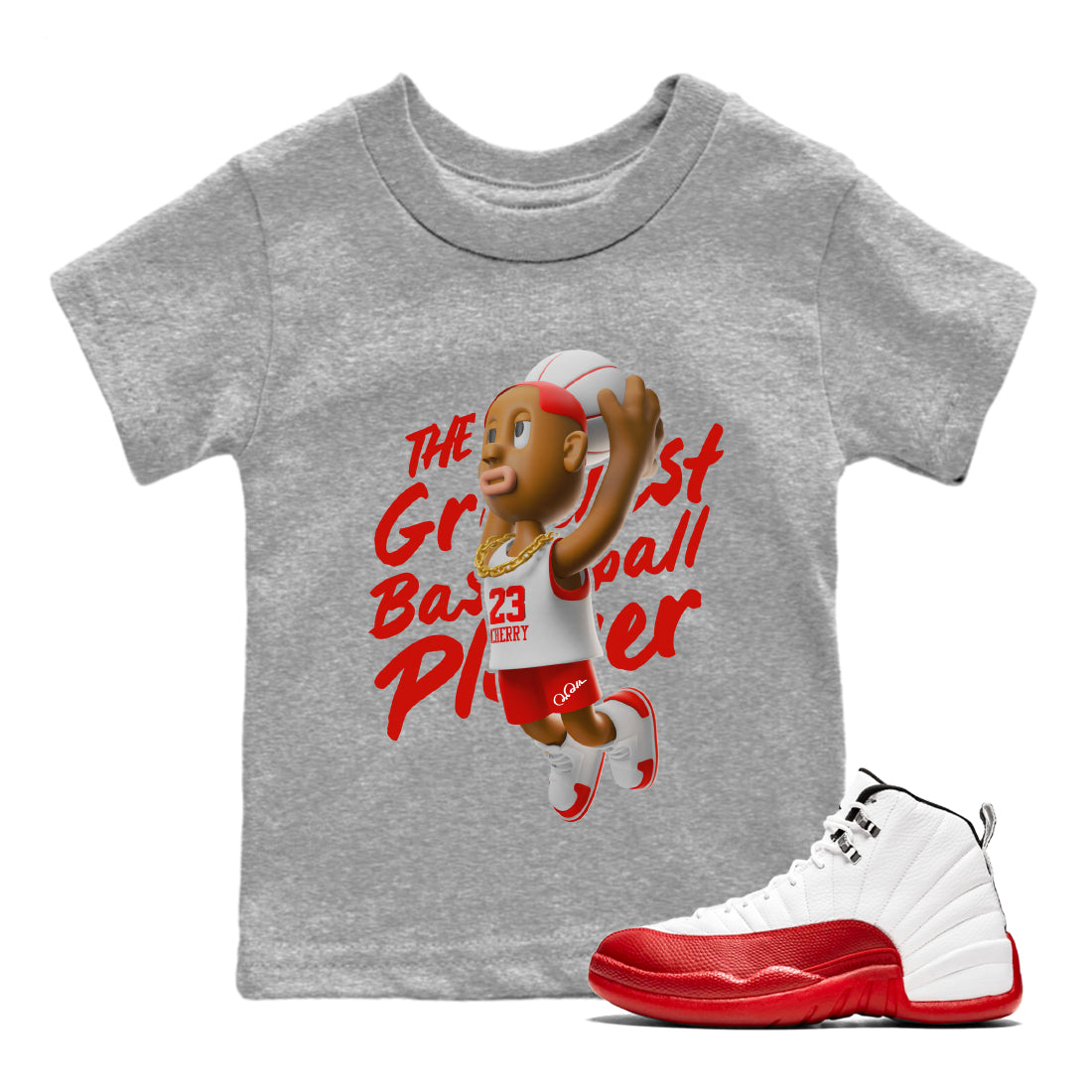 Air Jordan 12 Cherry Sneaker Match Tees Dunkshot Boy Streetwear Sneaker Shirt AJ12 Cherry Sneaker Release Tees Kids Shirts Heather Grey 1