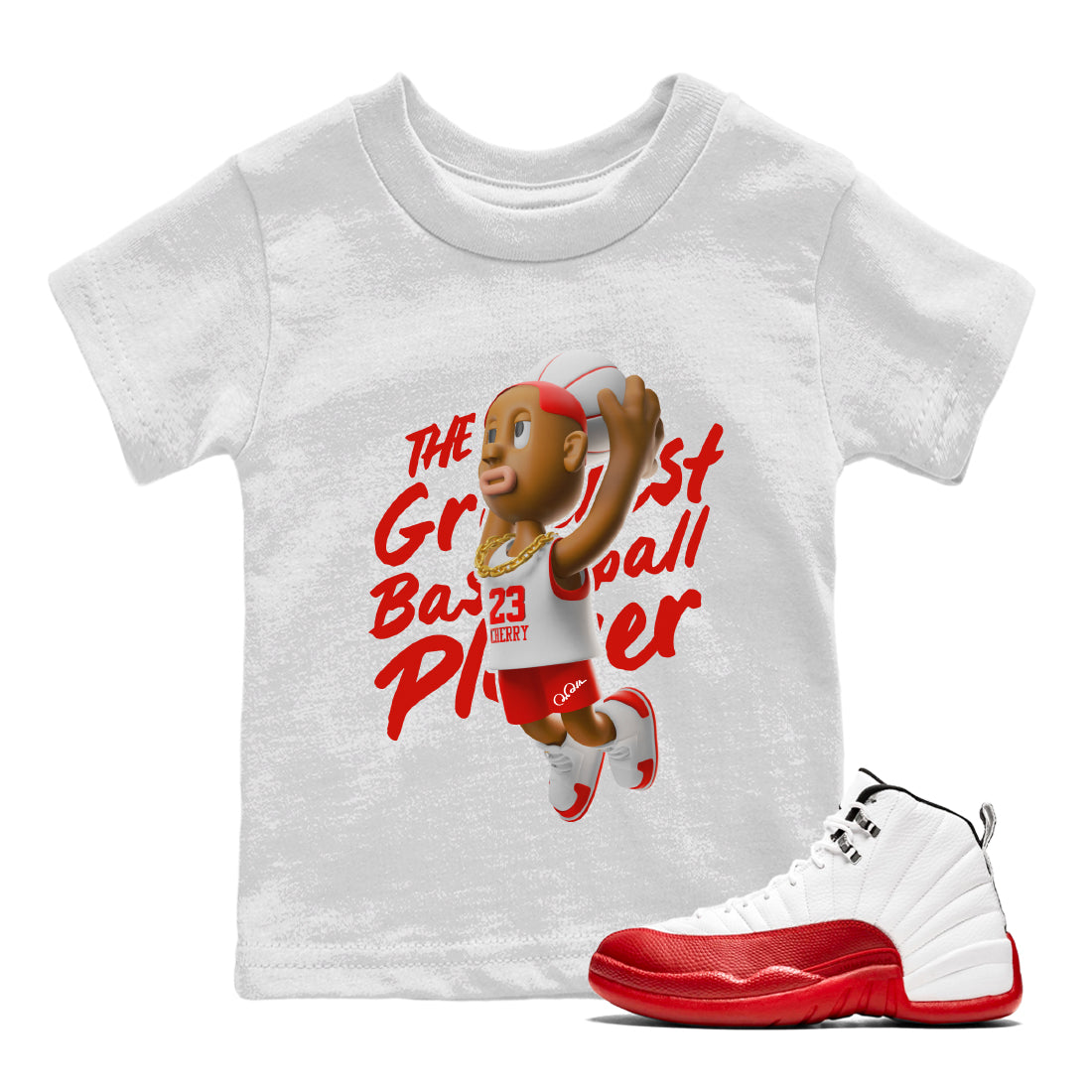 Air Jordan 12 Cherry Sneaker Match Tees Dunkshot Boy Streetwear Sneaker Shirt AJ12 Cherry Sneaker Release Tees Kids Shirts White 1