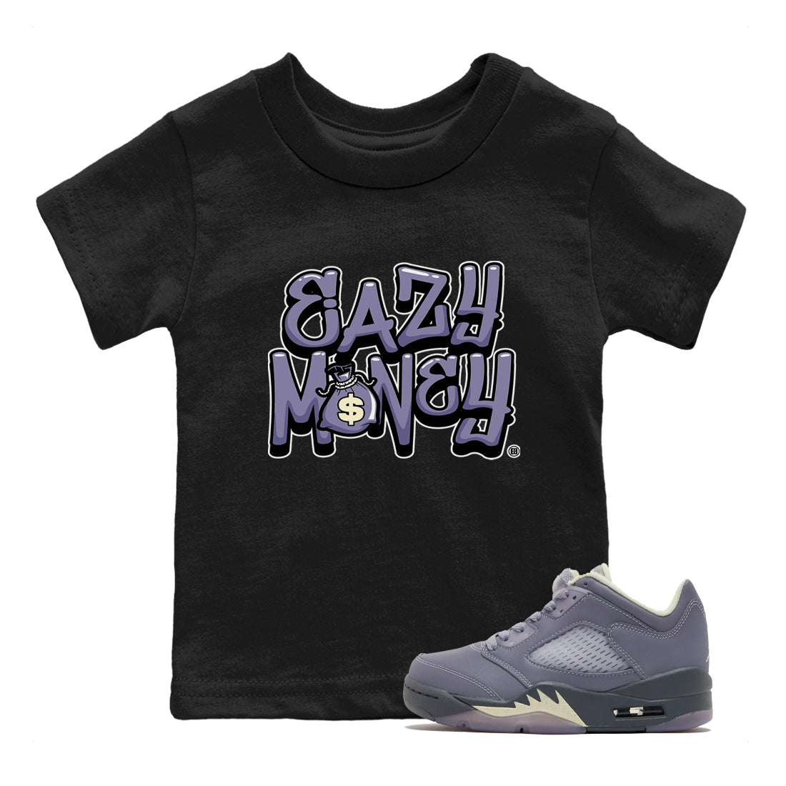 Air Jordan 5 Indigo Haze Sneaker Match Tees Easy Money 5s Indigo Haze Tee Sneaker Release Tees Kids Shirts Black 1