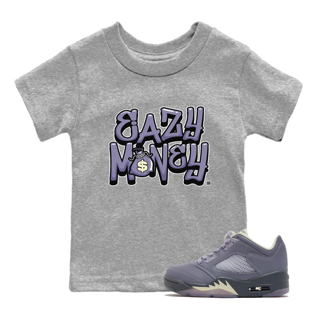 Air Jordan 5 Indigo Haze Sneaker Match Tees Easy Money 5s Indigo Haze Tee Sneaker Release Tees Kids Shirts Heather Grey 1