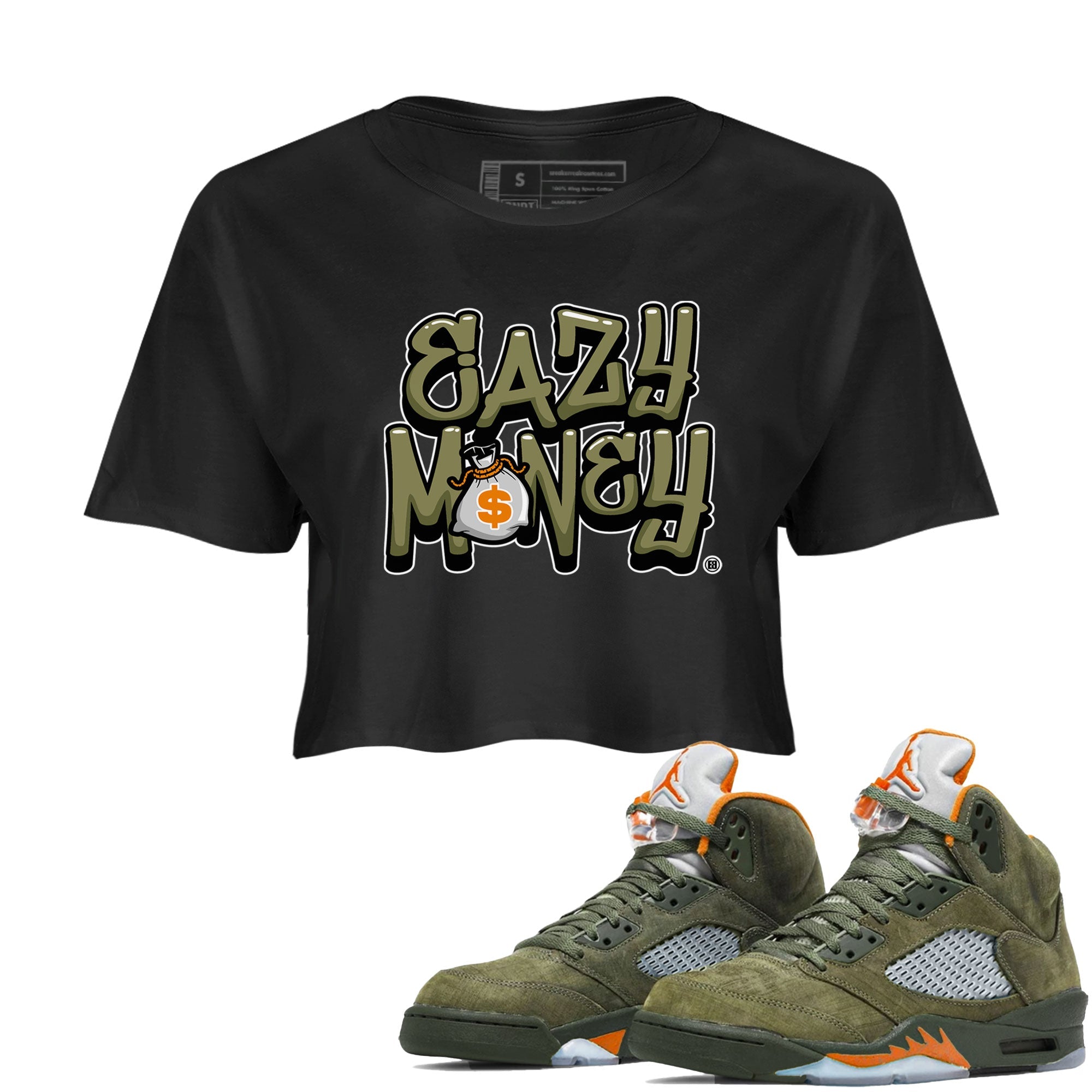Air Jordan 5 Olive shirt to match jordans Easy Money sneaker match tee AJ5 Olive Drip Gear Zone Black 1 women's crop tee