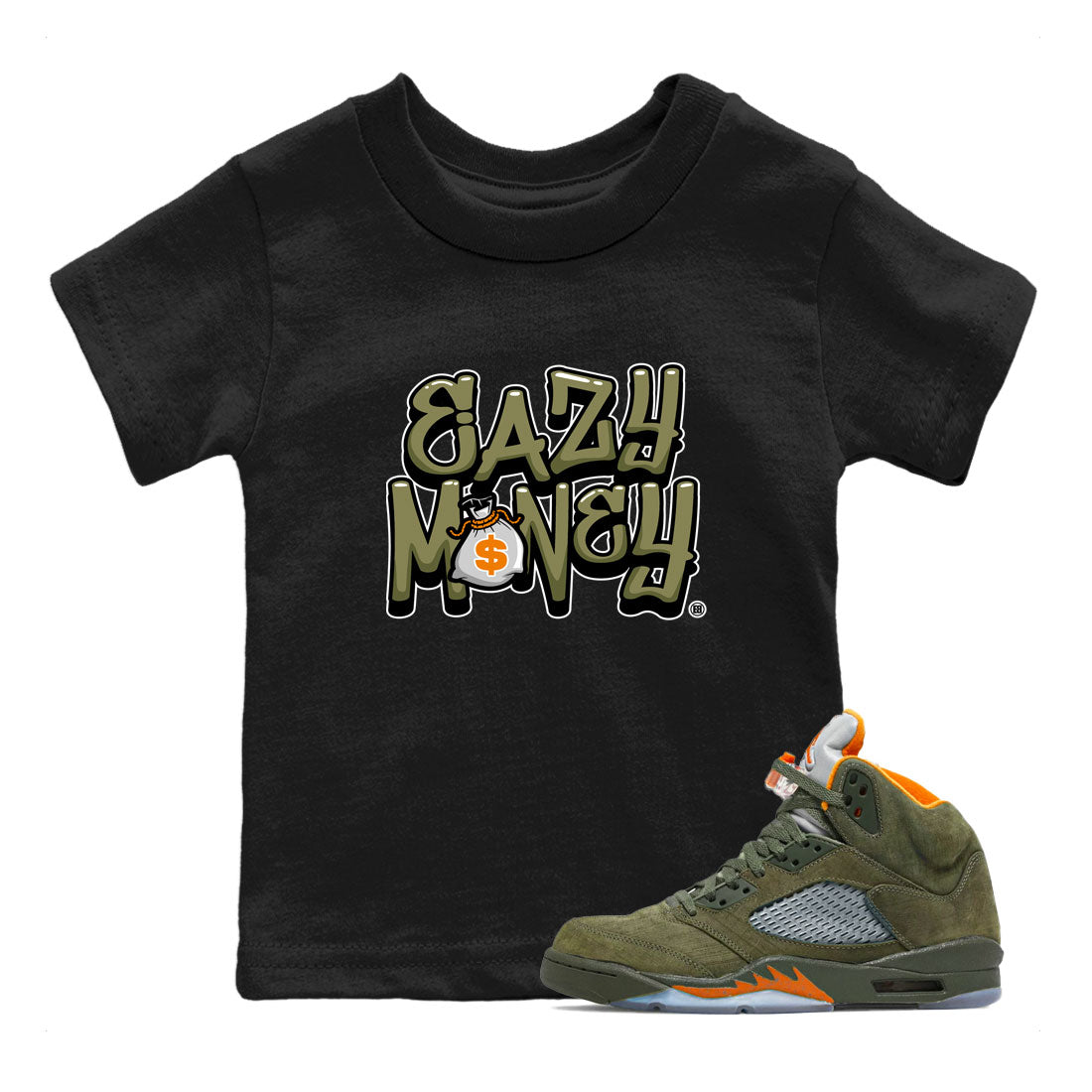 Air Jordan 5 Olive shirt to match jordans Easy Money sneaker match tee AJ5 Olive Drip Gear Zone baby toddler Black 1 cotton Shirt