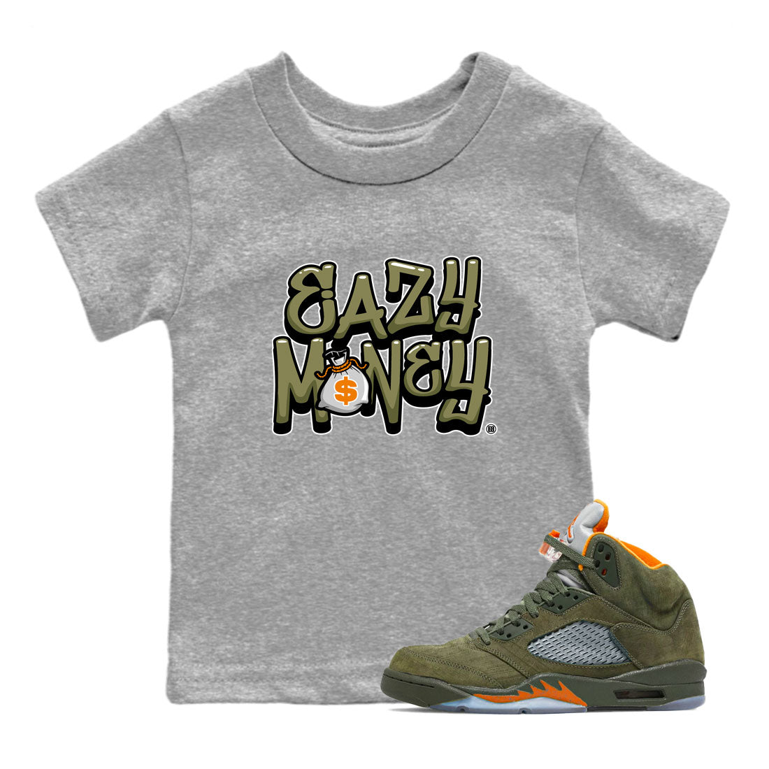 Air Jordan 5 Olive shirt to match jordans Easy Money sneaker match tee AJ5 Olive Drip Gear Zone baby toddler Heather Grey 1 cotton Shirt