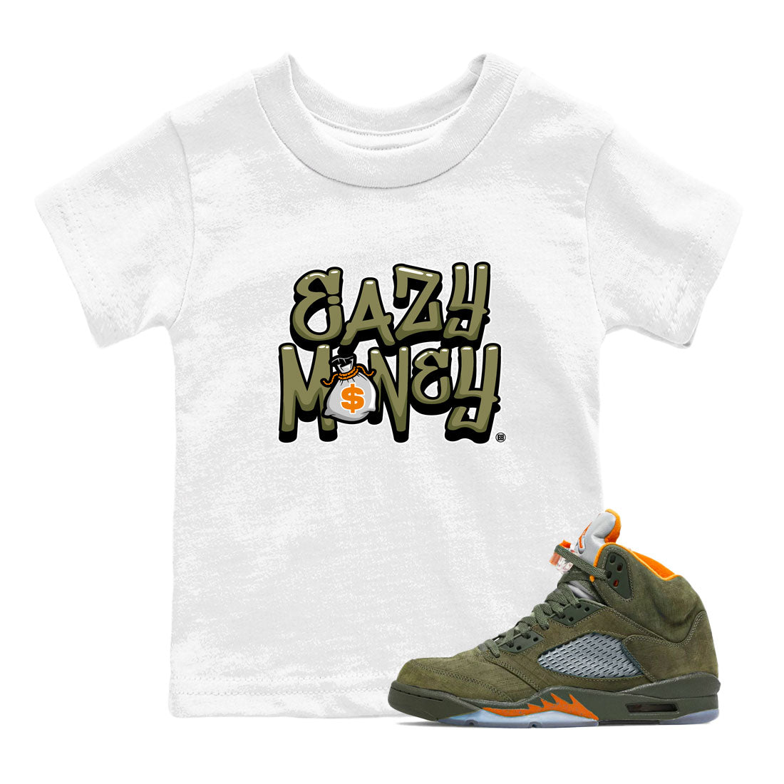 Air Jordan 5 Olive shirt to match jordans Easy Money sneaker match tee AJ5 Olive Drip Gear Zone baby toddler White 1 cotton Shirt