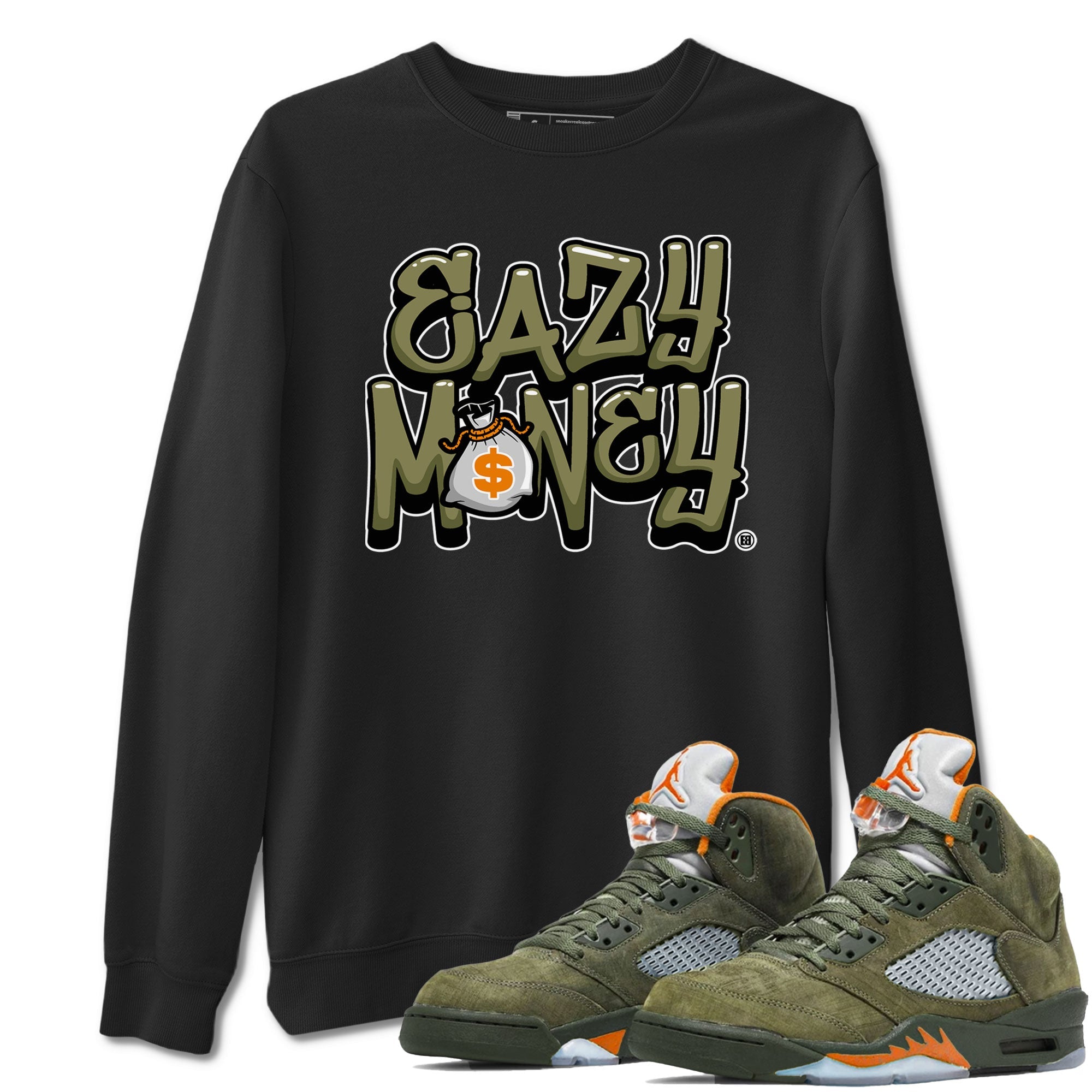 Air Jordan 5 Olive shirt to match jordans Easy Money sneaker match tee AJ5 Olive Drip Gear Zone unisex cotton Black 1 crew neck shirt