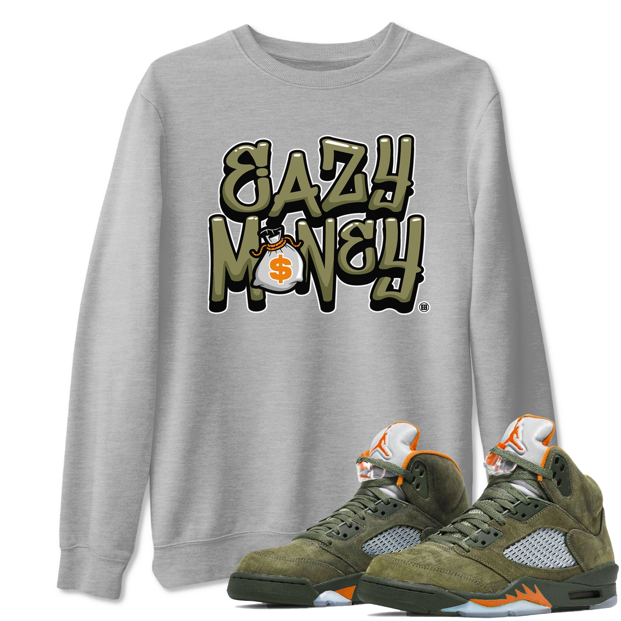 Air Jordan 5 Olive shirt to match jordans Easy Money sneaker match tee AJ5 Olive Drip Gear Zone unisex cotton Heather Grey 1 crew neck shirt