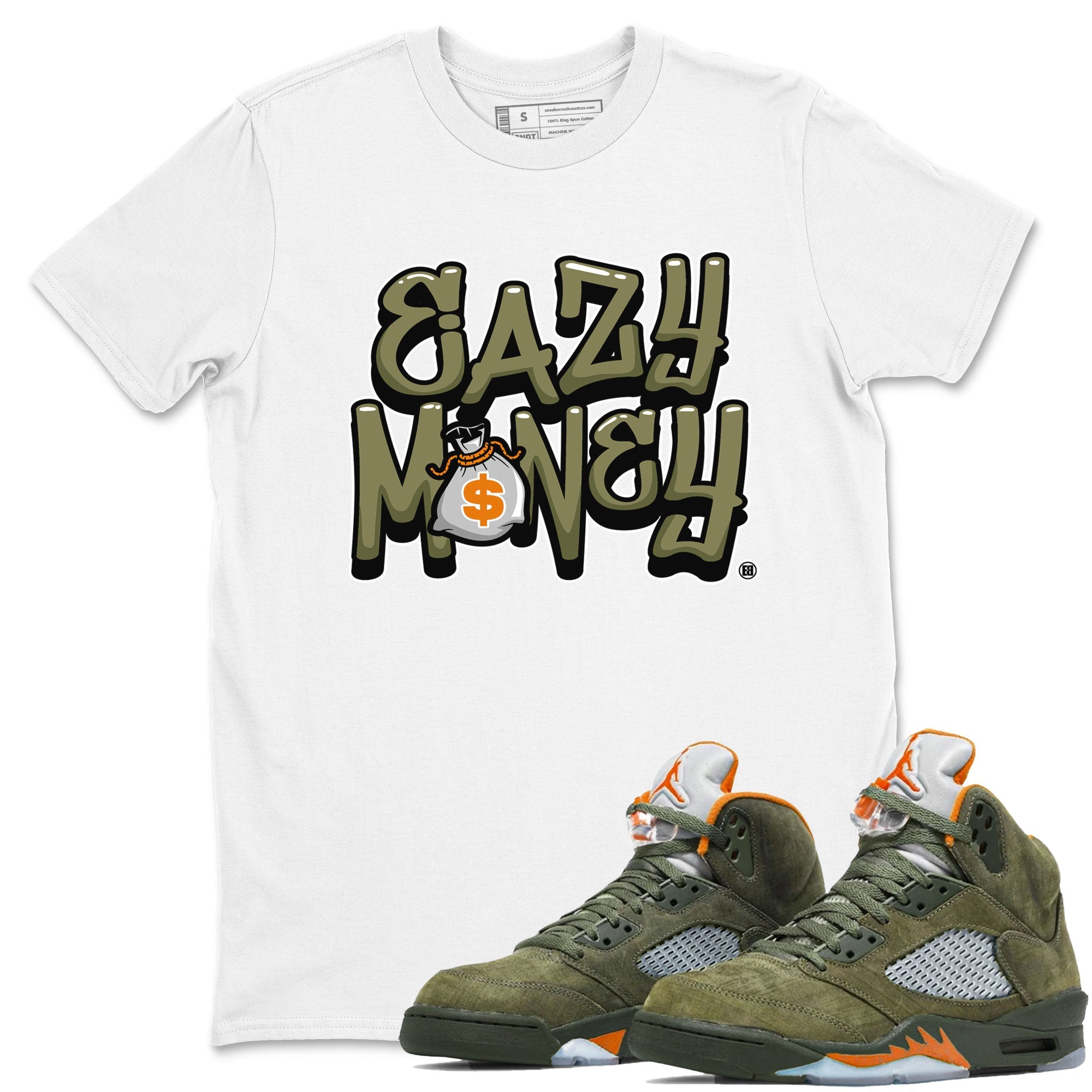 Air Jordan 5 Olive shirt to match jordans Easy Money sneaker match tee AJ5 Olive Drip Gear Zone unisex cotton White 1 crew neck shirt