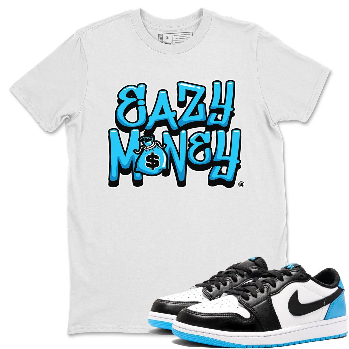 Jordan 1 Powder Blue Sneaker Matching T-Shirt Easy Money Sneaker Tees Jordan 1 Powder Blue Sneaker Release Tees Crew Neck Tees