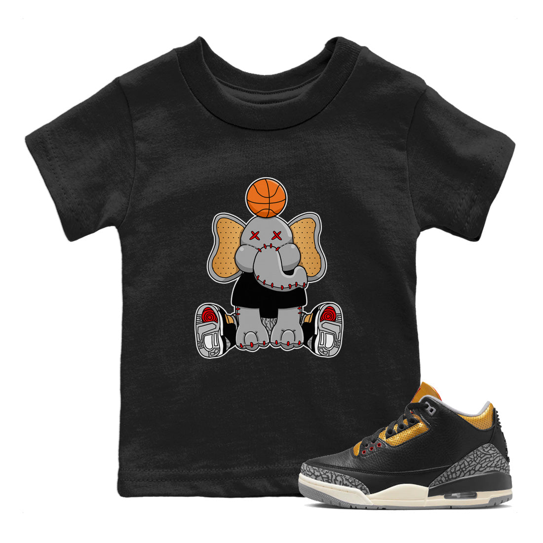 Jordan 3 Black Gold Sneaker Matching T-Shirt Elephant Doll Sneaker Tees Jordan 3 Black Gold Sneaker Release Tees Kids Shirts