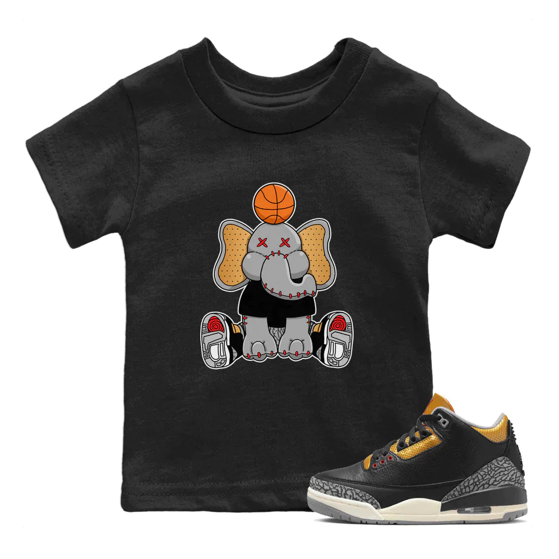 Jordan 3 Black Gold Sneaker Matching T-Shirt Elephant Doll Sneaker Tees Jordan 3 Black Gold Sneaker Release Tees Kids Shirts