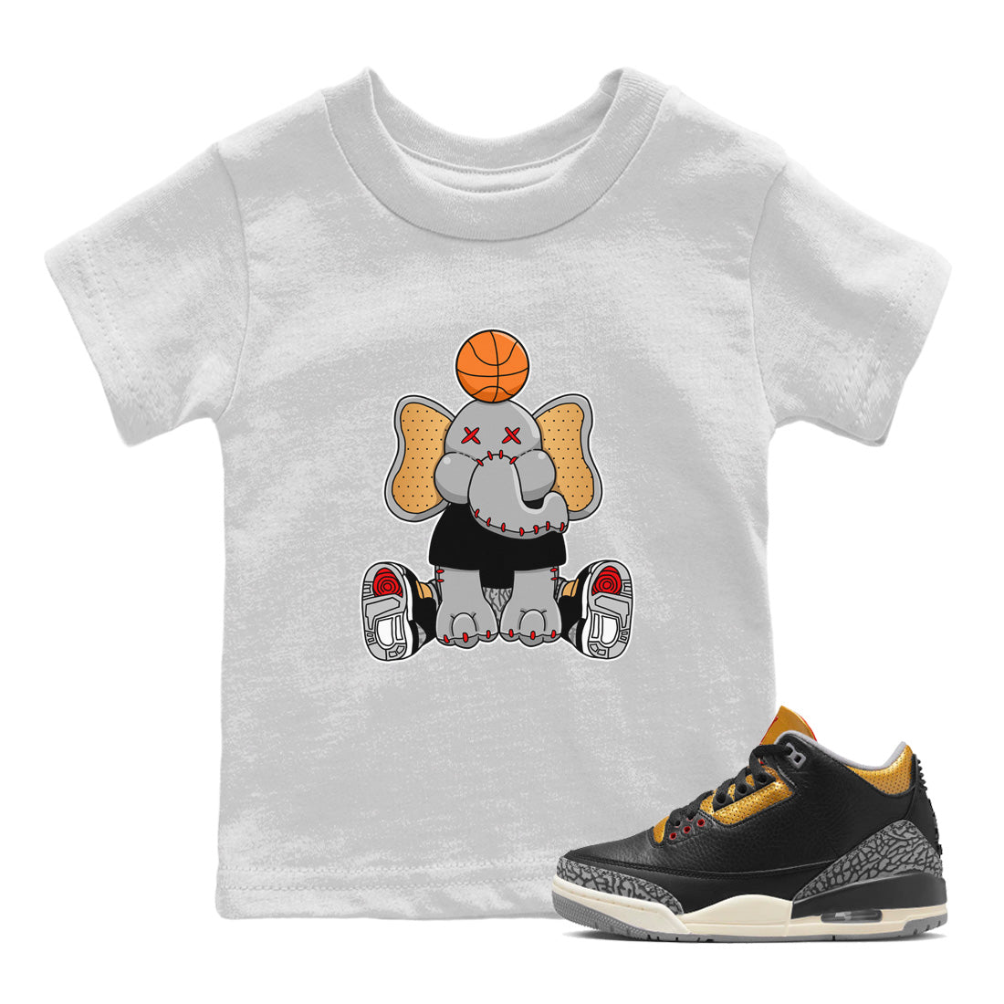 Jordan 3 Black Gold Sneaker Matching T-Shirt Elephant Doll Sneaker Tees Jordan 3 Black Gold Sneaker Release Tees Kids Shirts