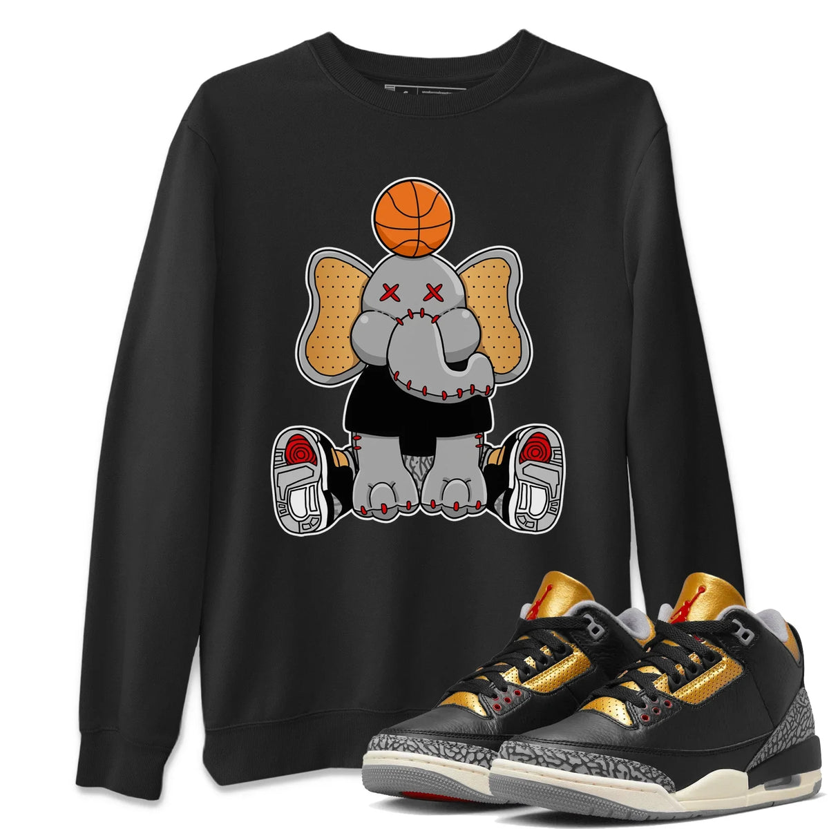 Jordan 3 Black Gold Sneaker Matching T-Shirt Elephant Doll Sneaker Tees Jordan 3 Black Gold Sneaker Release Tees Crew Neck Tees