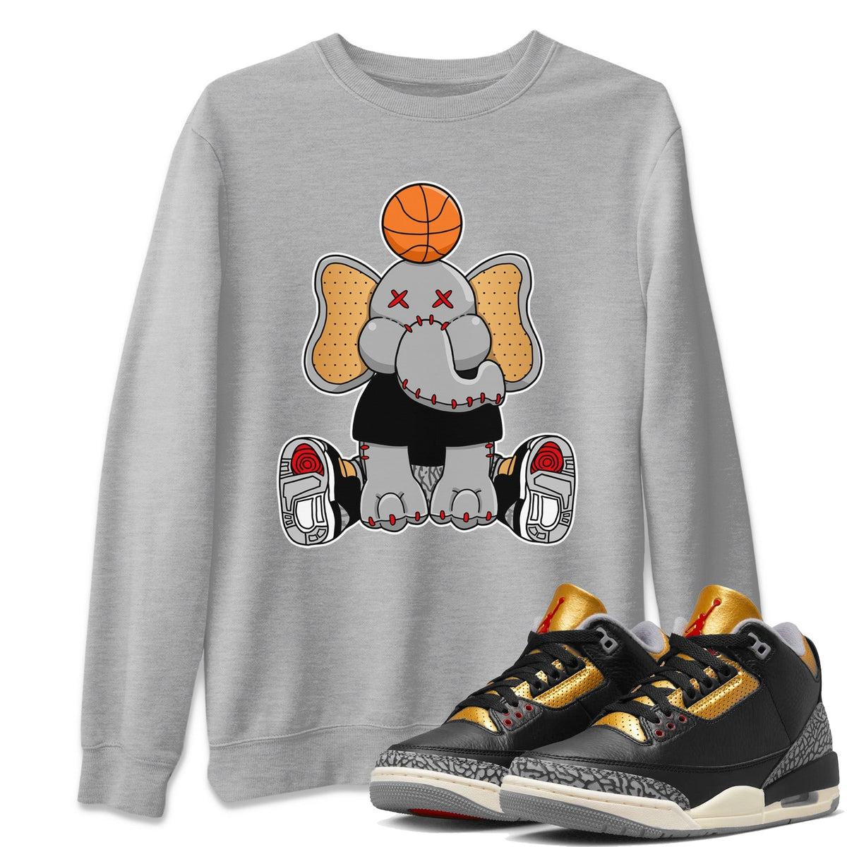 Jordan 3 Black Gold Sneaker Matching T-Shirt Elephant Doll Sneaker Tees Jordan 3 Black Gold Sneaker Release Tees Crew Neck Tees
