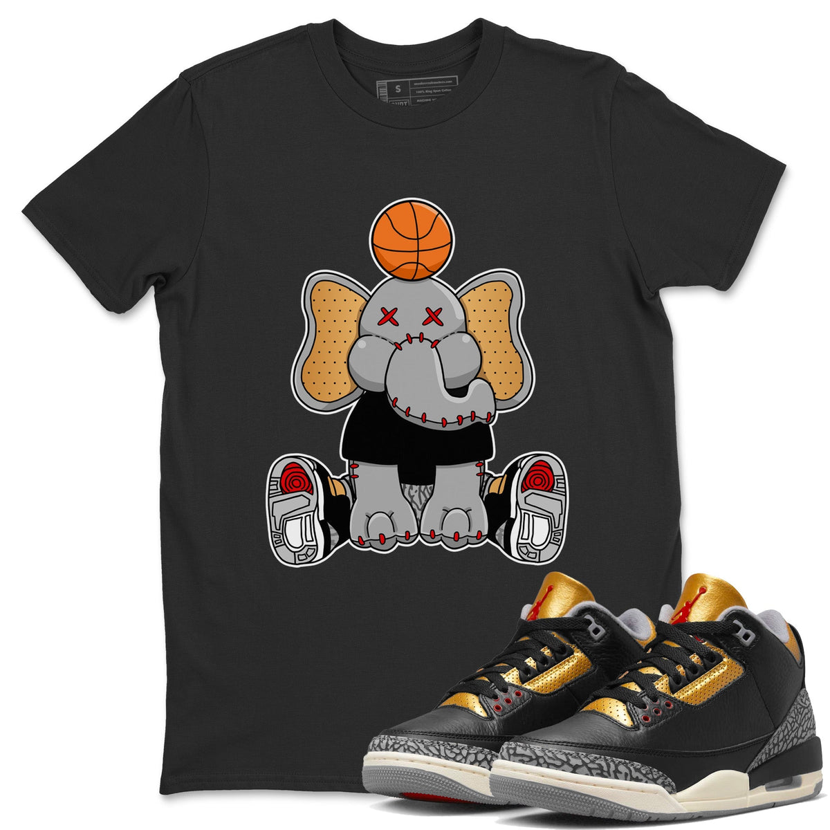 Jordan 3 Black Gold Sneaker Matching T-Shirt Elephant Doll Sneaker Tees Jordan 3 Black Gold Sneaker Release Tees Crew Neck Tees