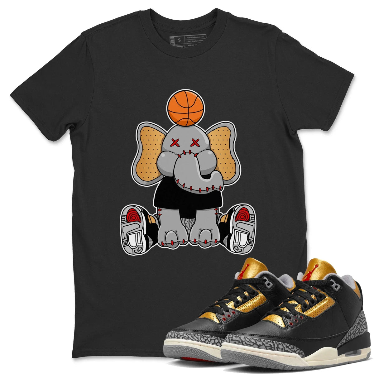 Jordan 3 Black Gold Sneaker Matching T-Shirt Elephant Doll Sneaker Tees Jordan 3 Black Gold Sneaker Release Tees Crew Neck Tees