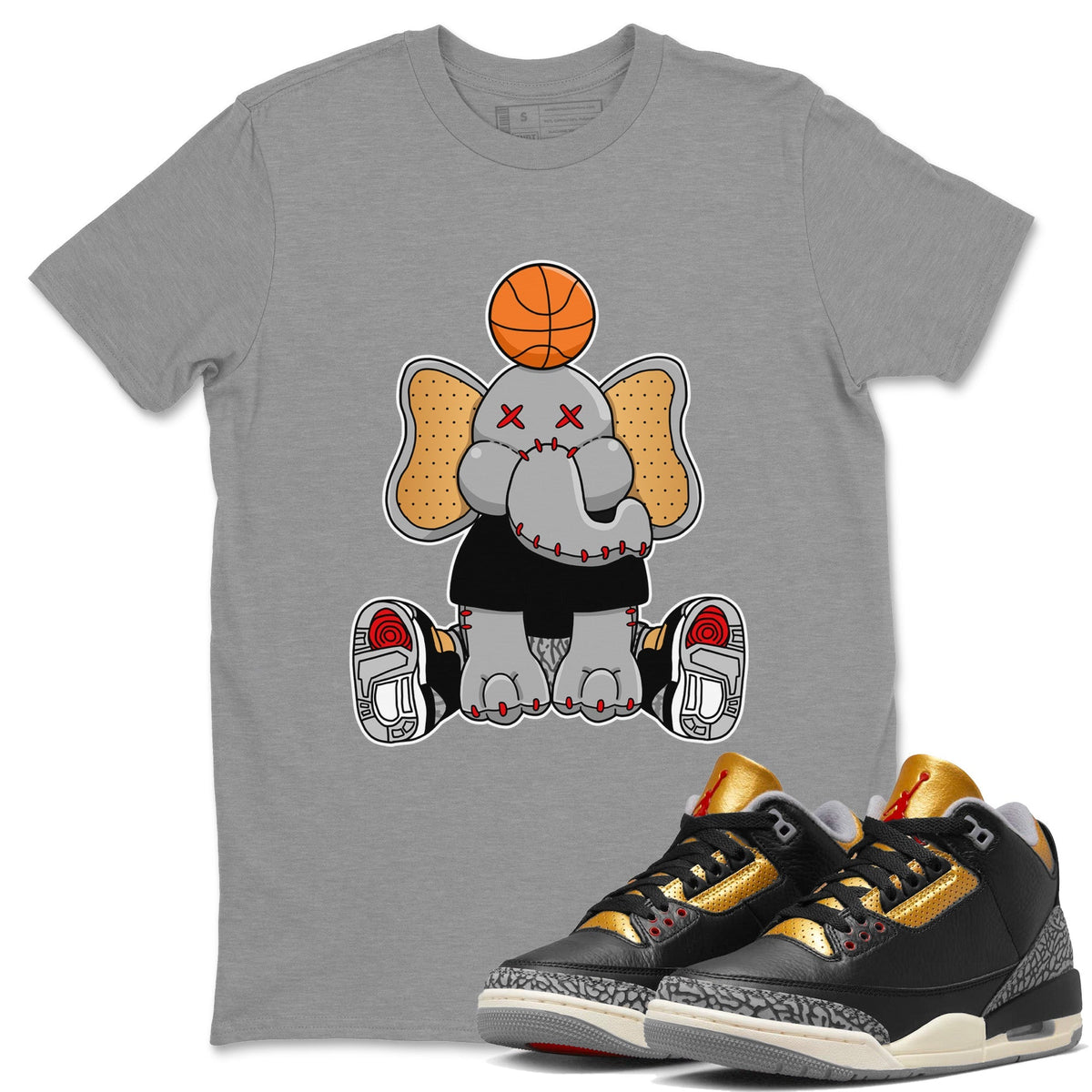 Jordan 3 Black Gold Sneaker Matching T-Shirt Elephant Doll Sneaker Tees Jordan 3 Black Gold Sneaker Release Tees Crew Neck Tees