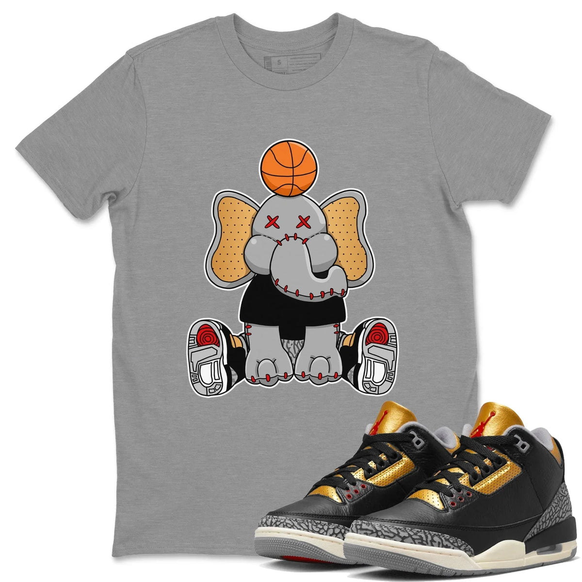 Jordan 3 Black Gold Sneaker Matching T-Shirt Elephant Doll Sneaker Tees Jordan 3 Black Gold Sneaker Release Tees Crew Neck Tees